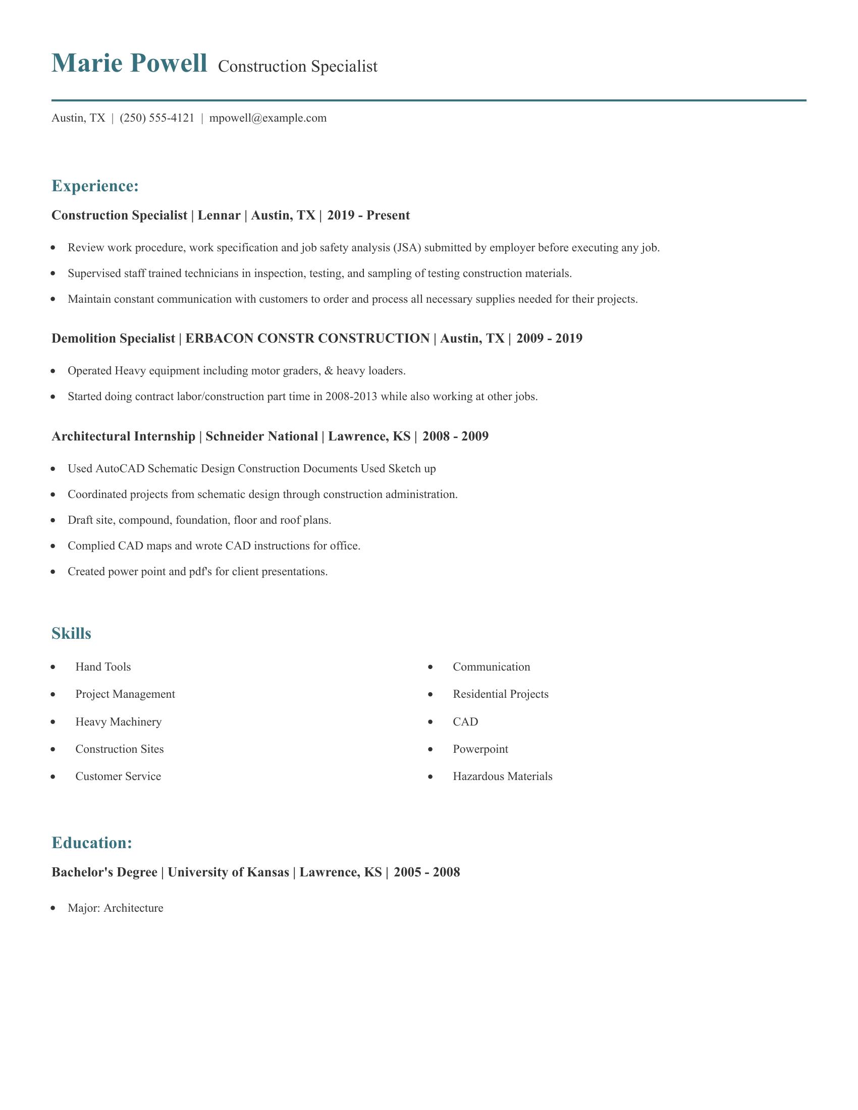 Construction Specialist resume example