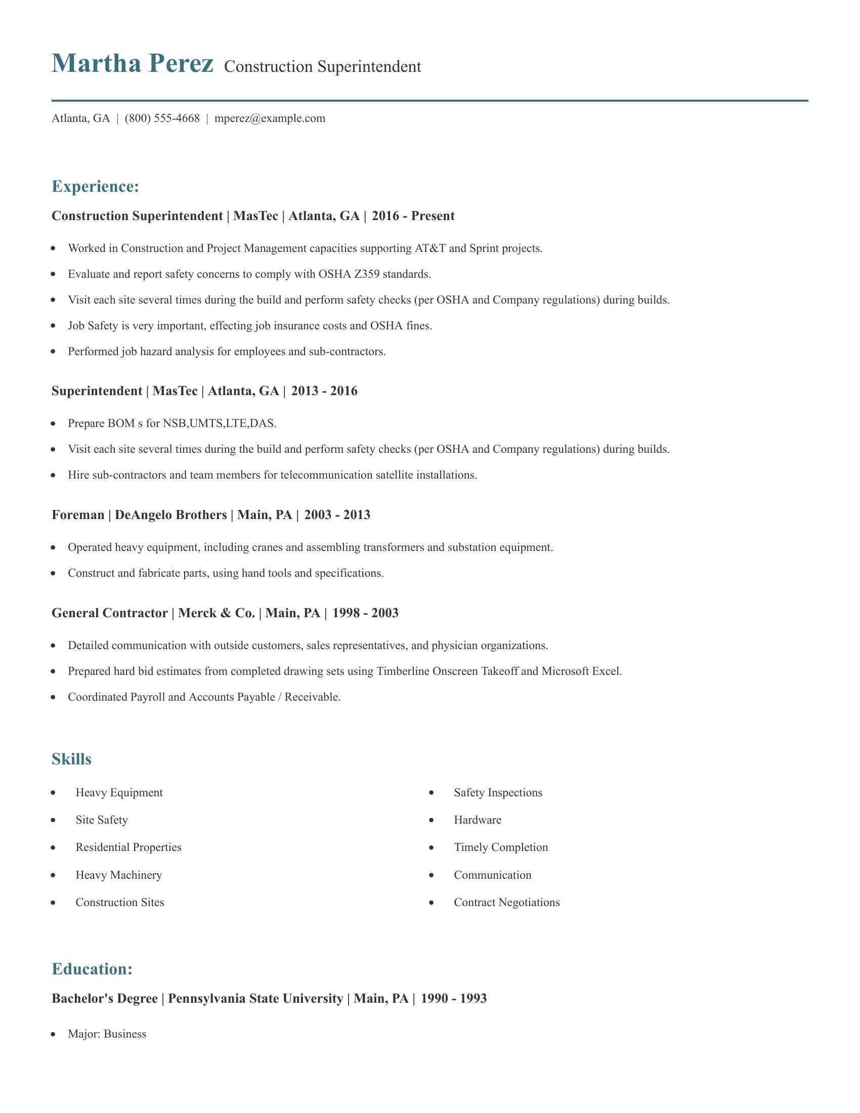 Construction Superintendent resume example