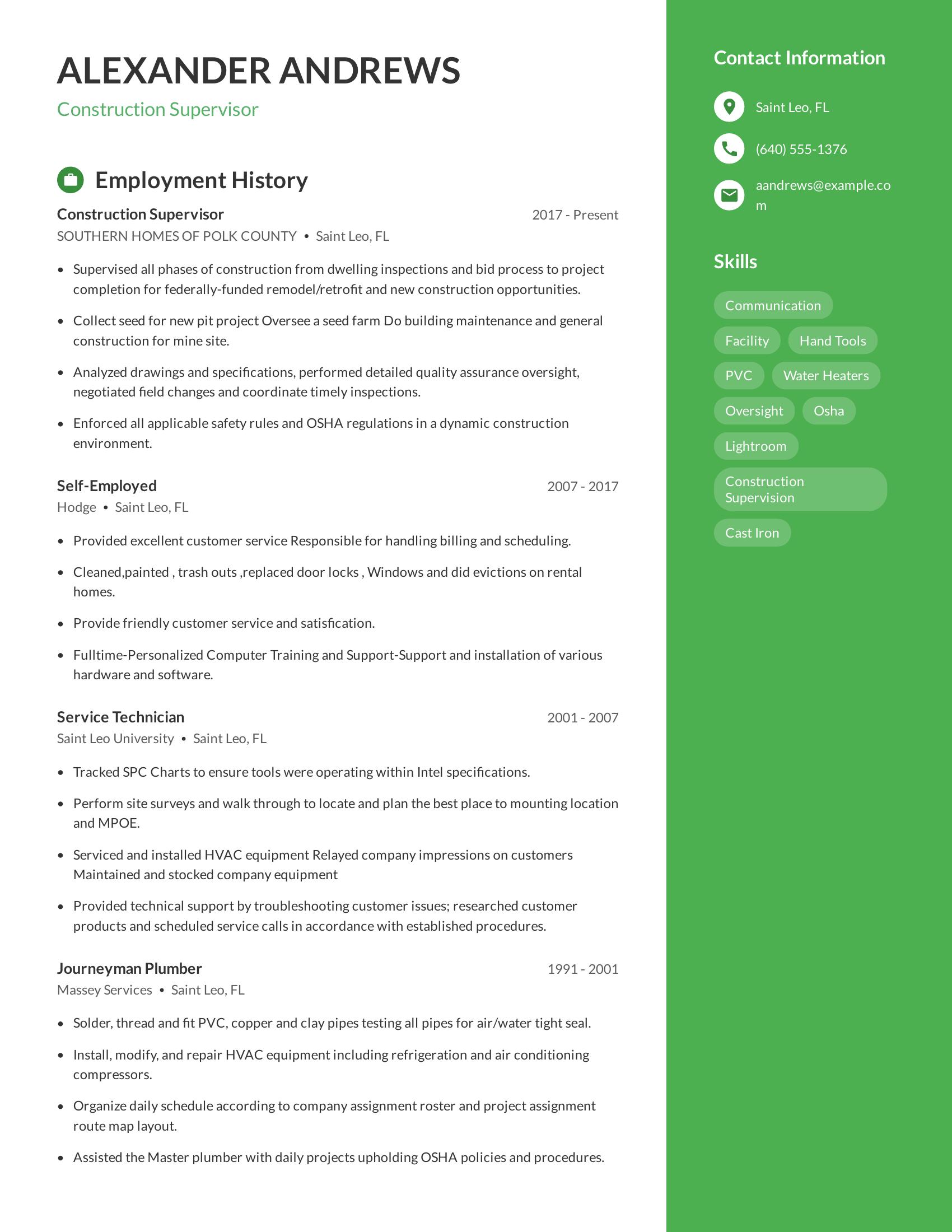 Construction Supervisor resume example