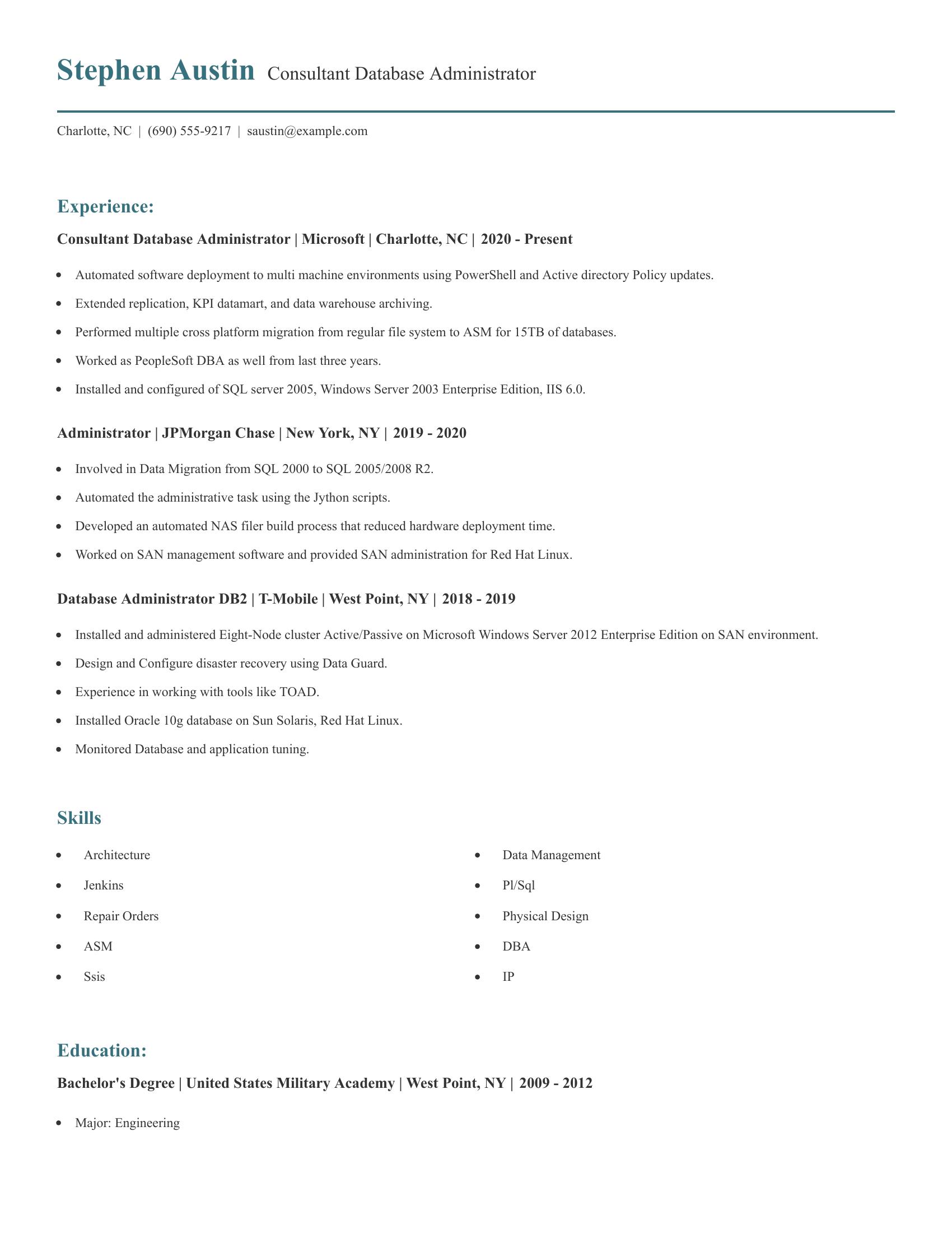 Consultant Database Administrator resume example