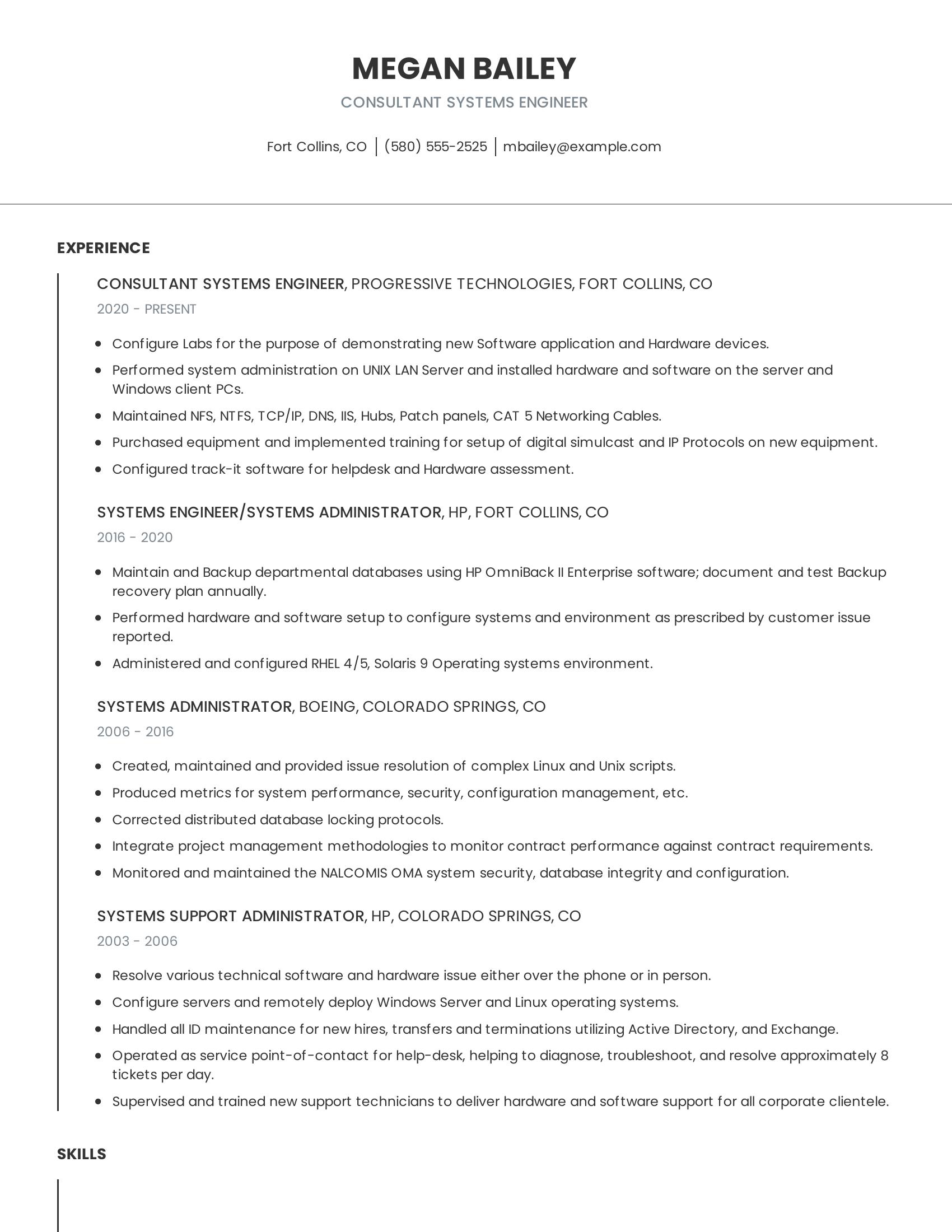 Consultant Systems Engineer resume example