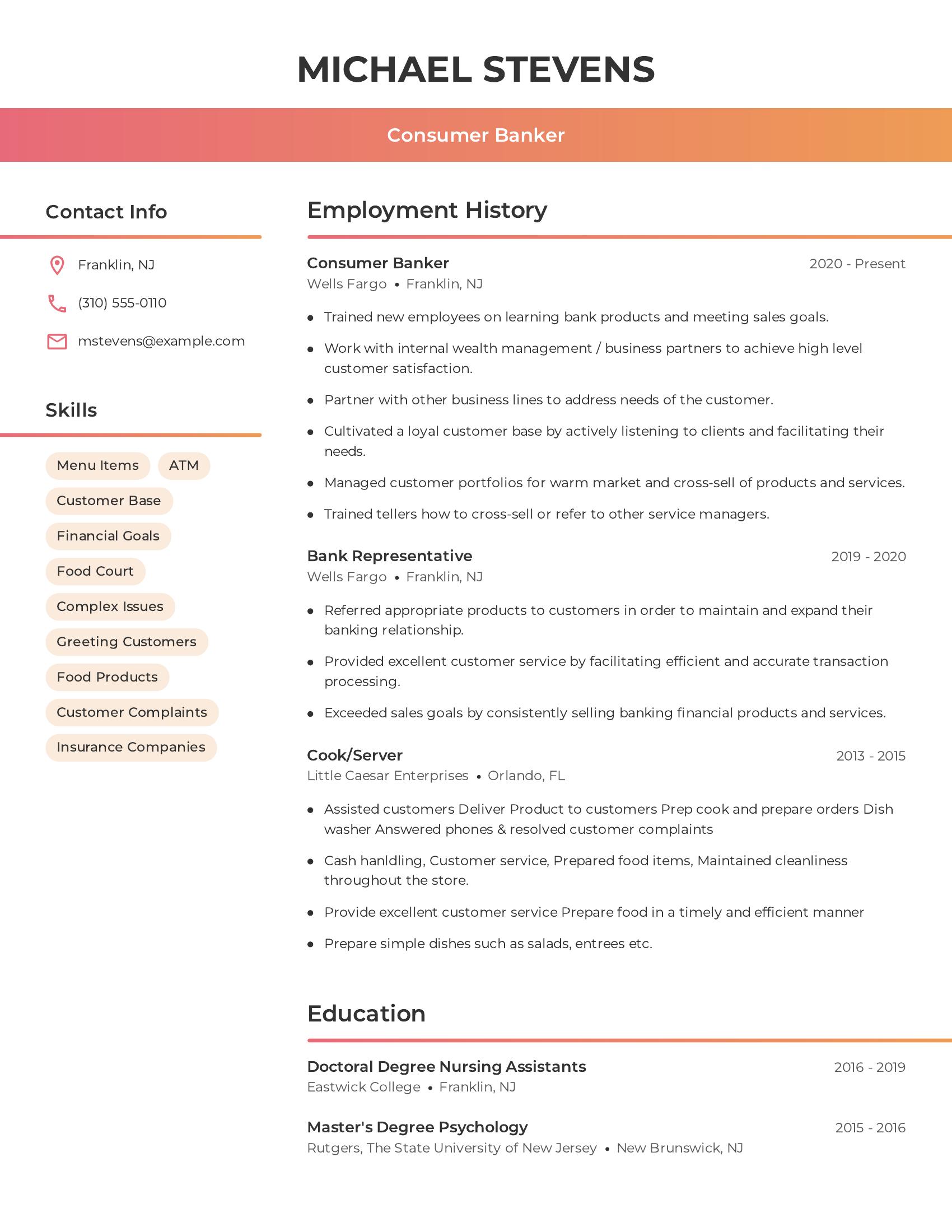 Consumer Banker resume example