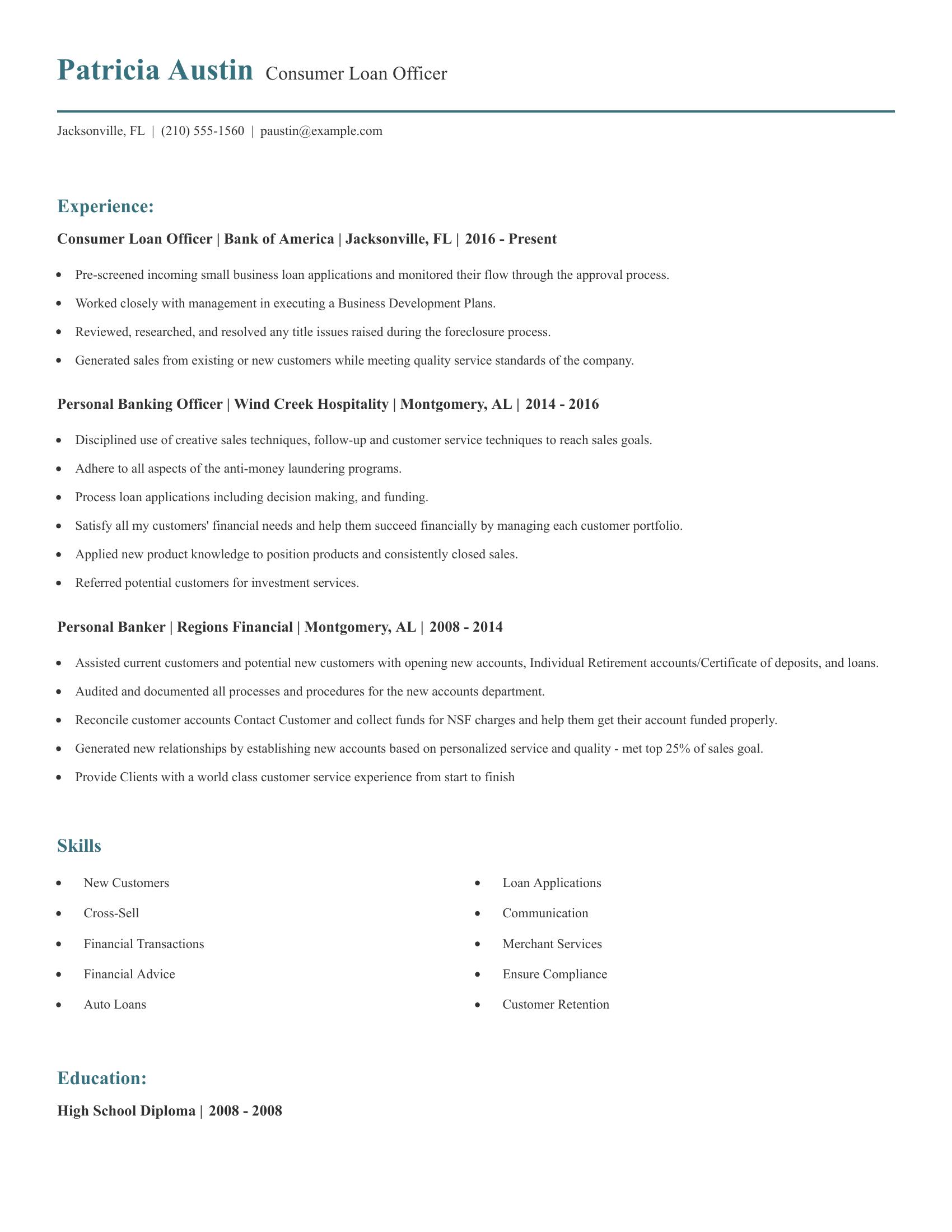 Consumer Loan Officer resume example