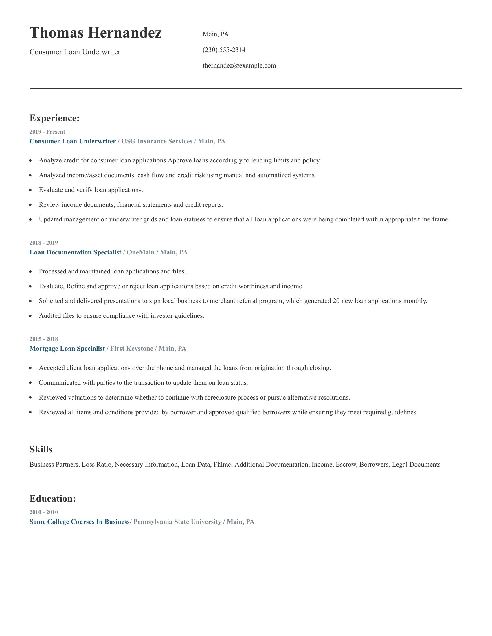 Consumer Loan Underwriter resume example