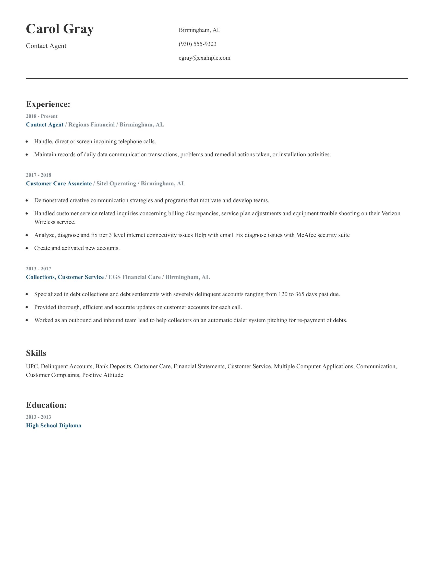 Contact Agent resume example