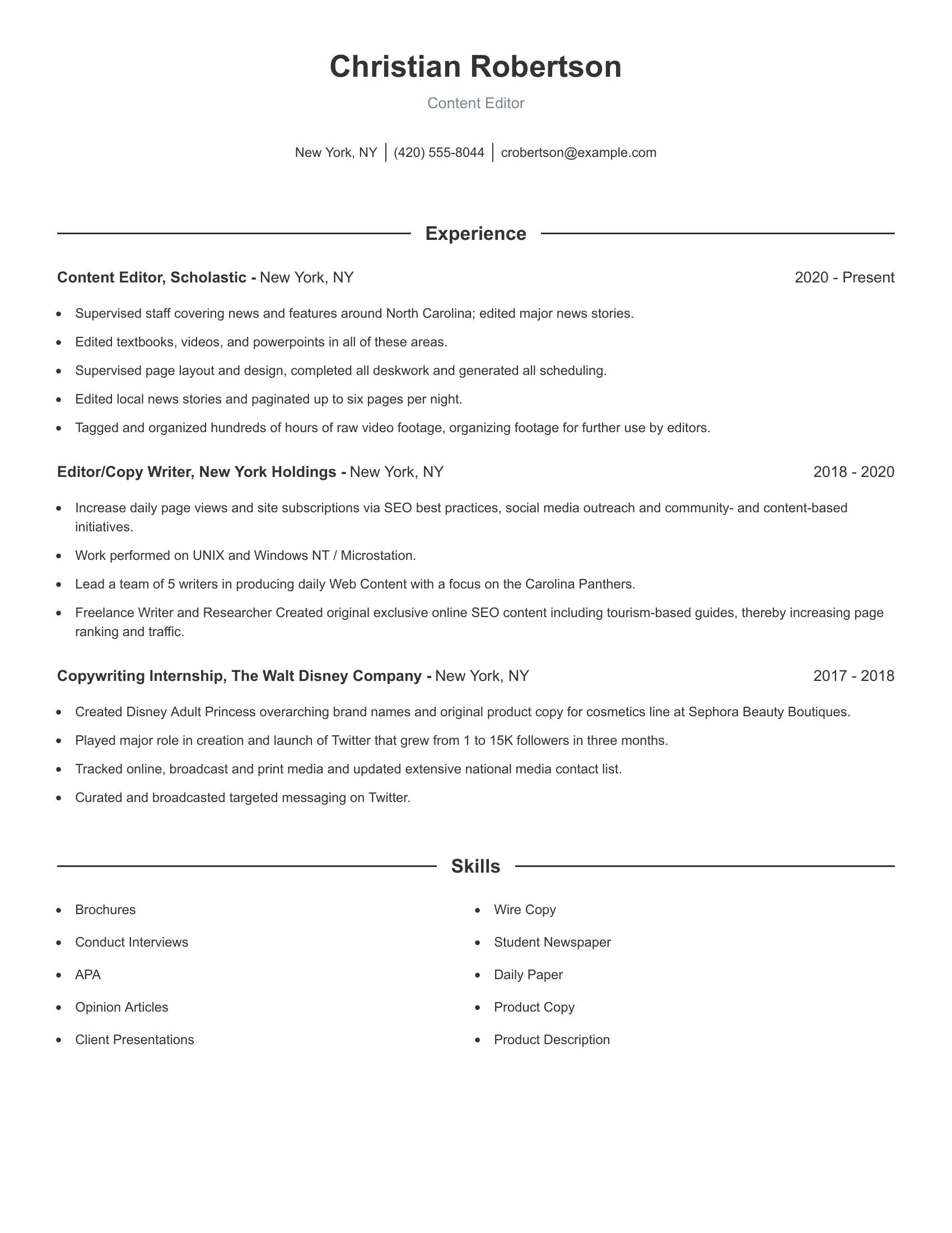 Content Editor resume example