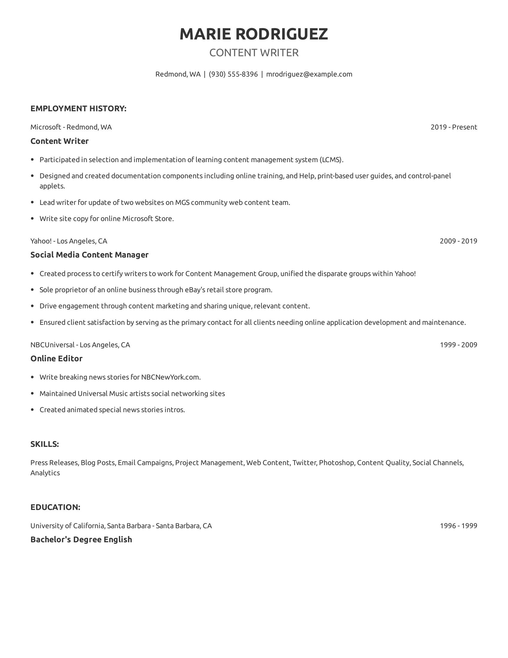 Content Writer resume example