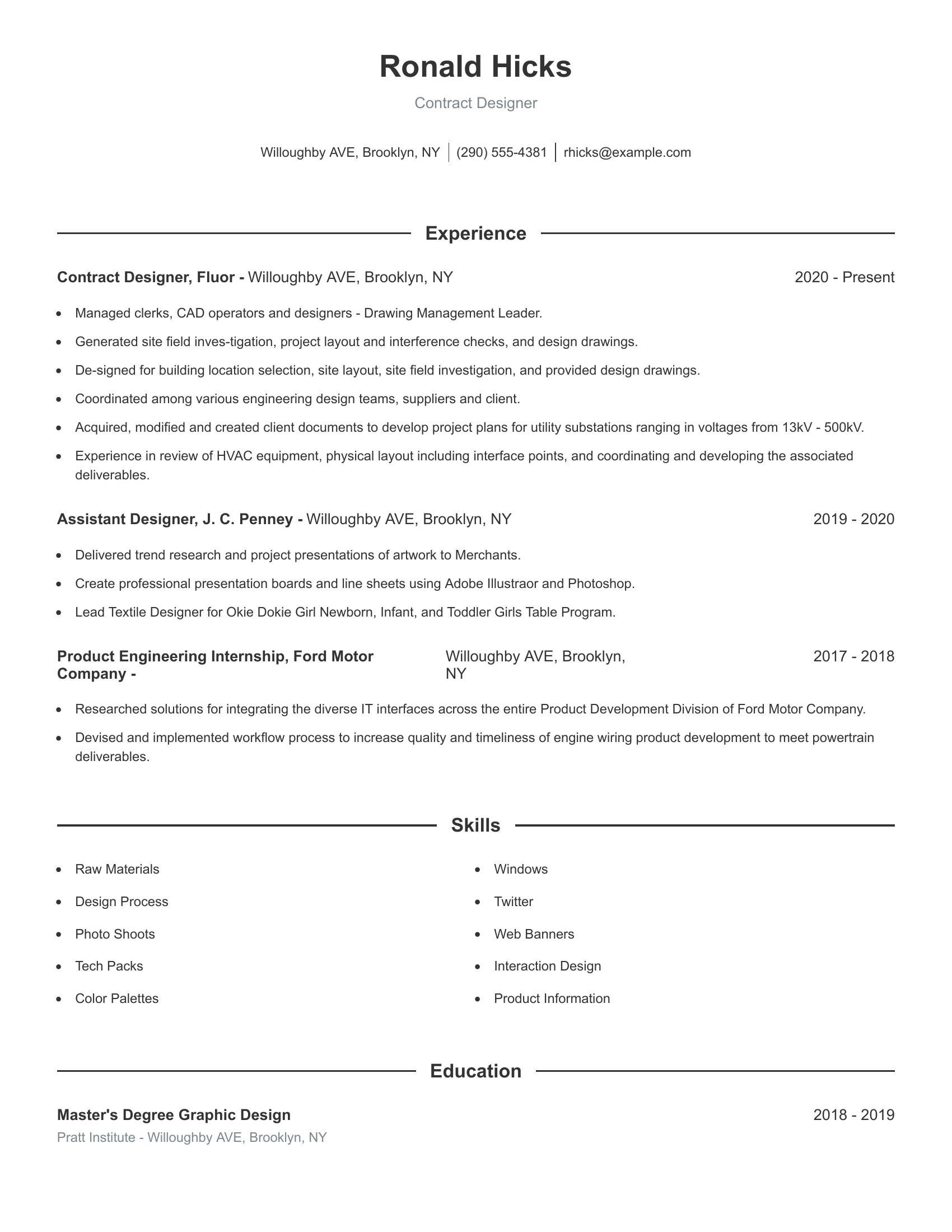 Contract Designer resume example