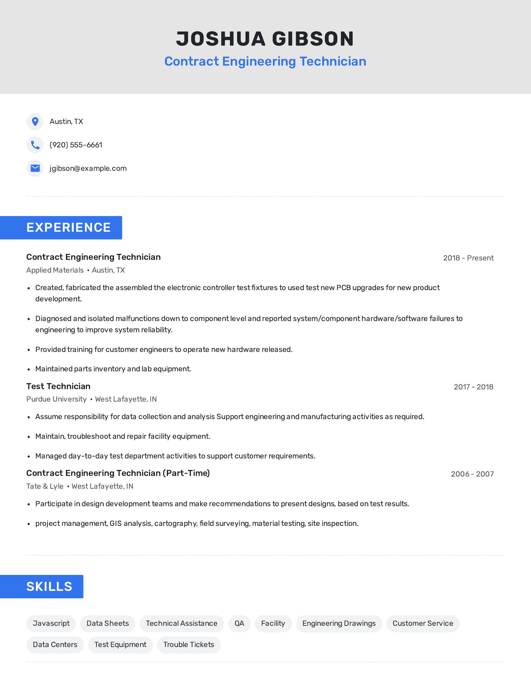 Contract Engineering Technician resume example