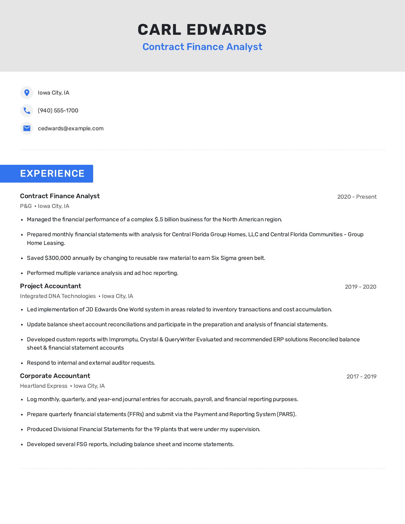 Contract Finance Analyst resume example