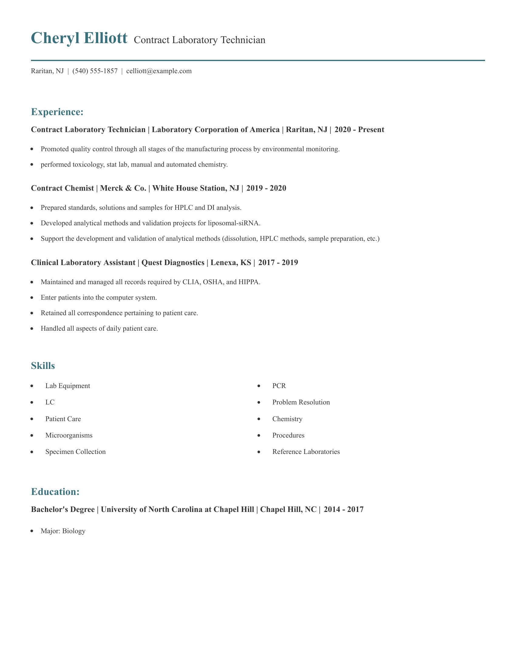 Contract Laboratory Technician resume example