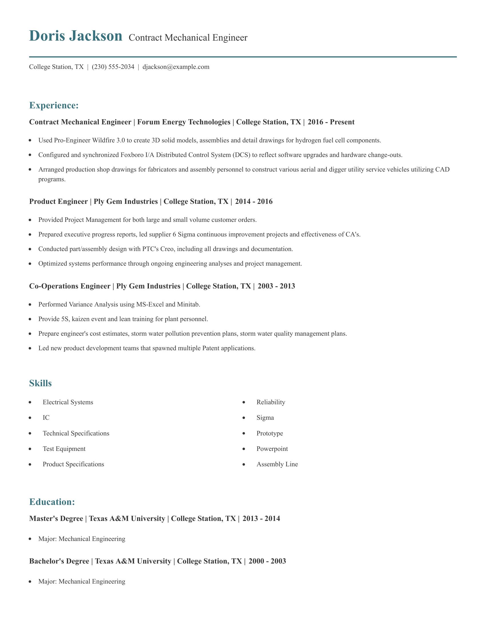 Contract Mechanical Engineer resume example