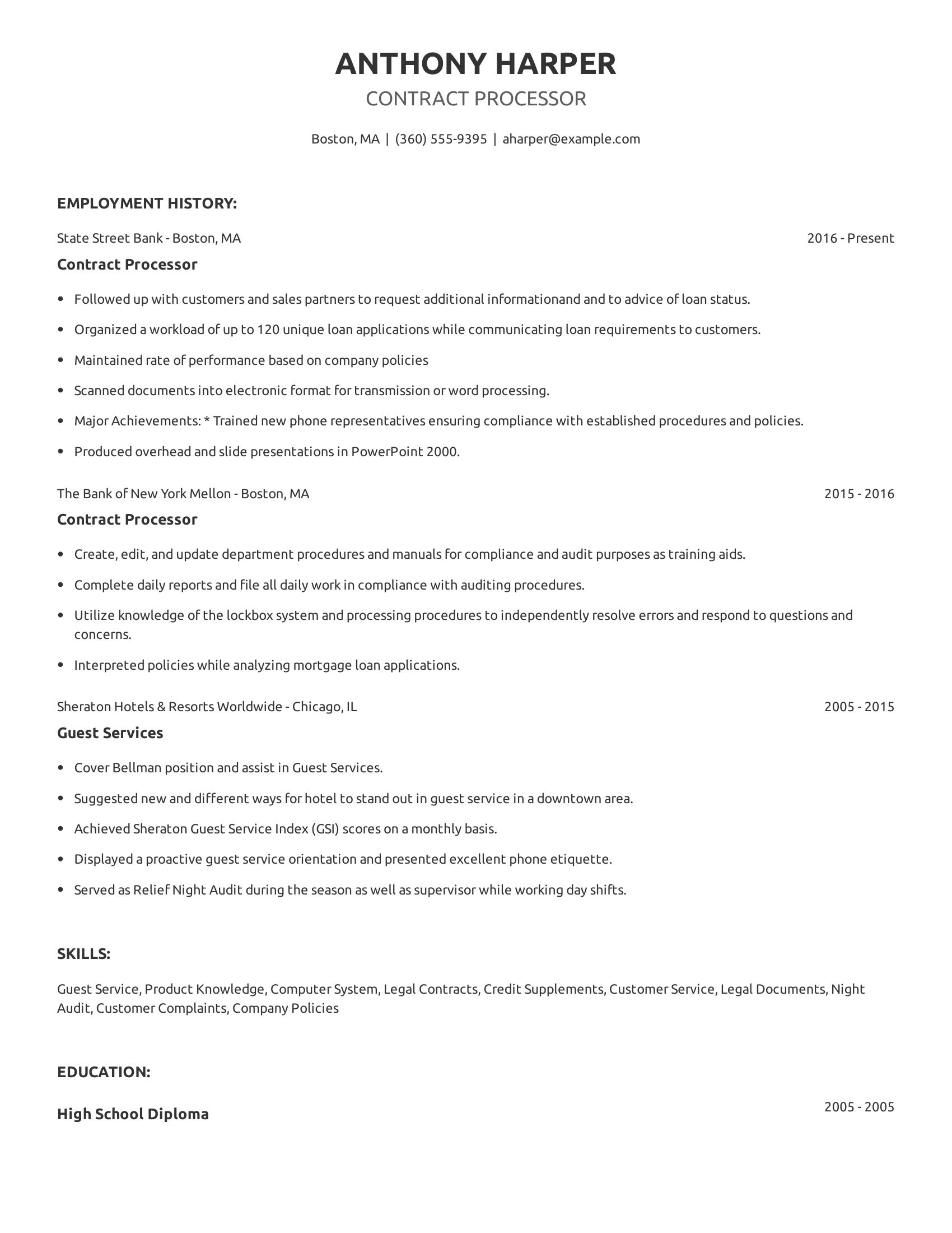 Contract Processor resume example