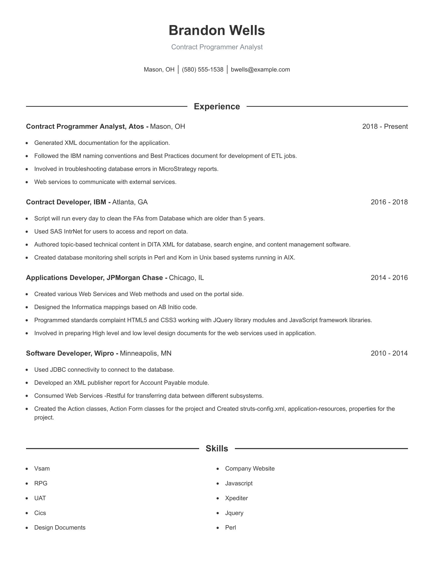 Contract Programmer Analyst resume example