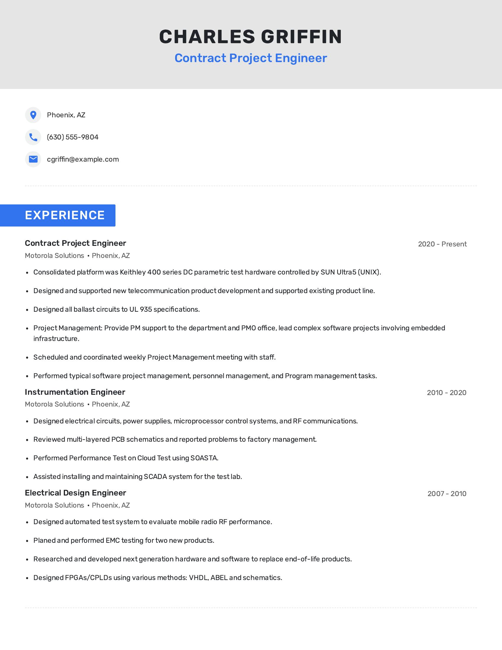 Contract Project Engineer resume example