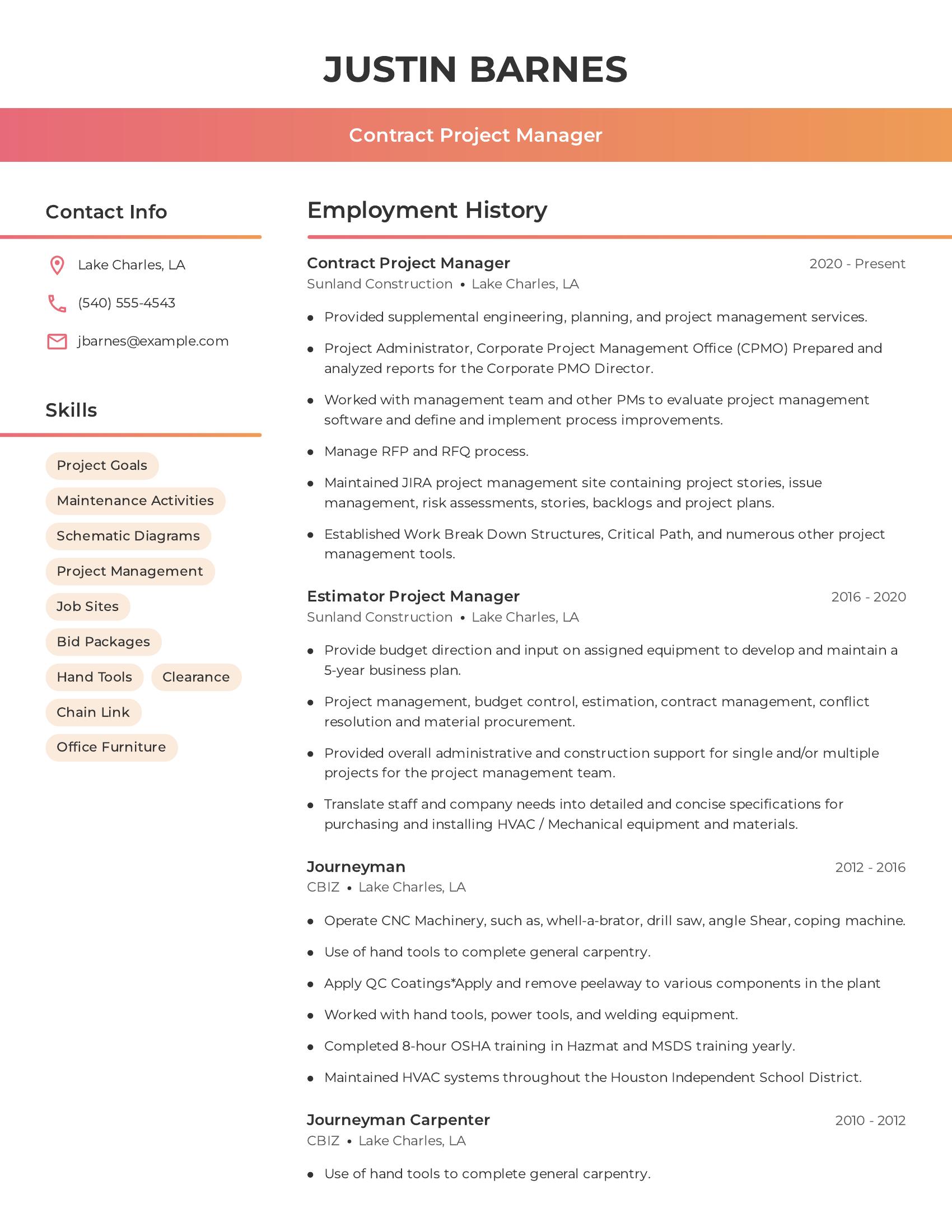Contract Project Manager resume example