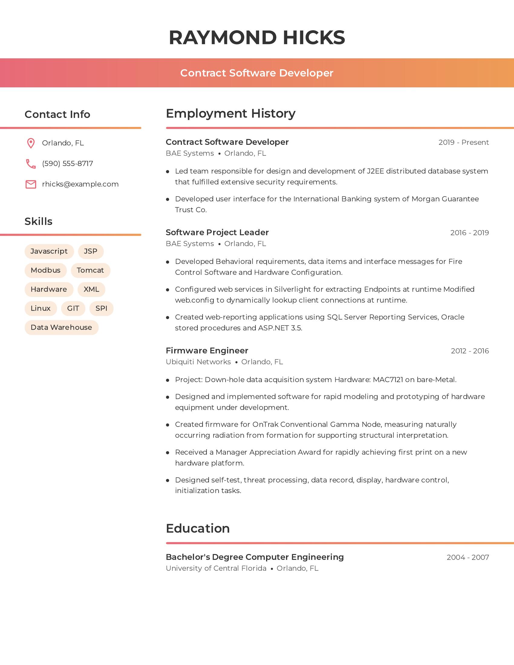 Contract Software Developer resume example