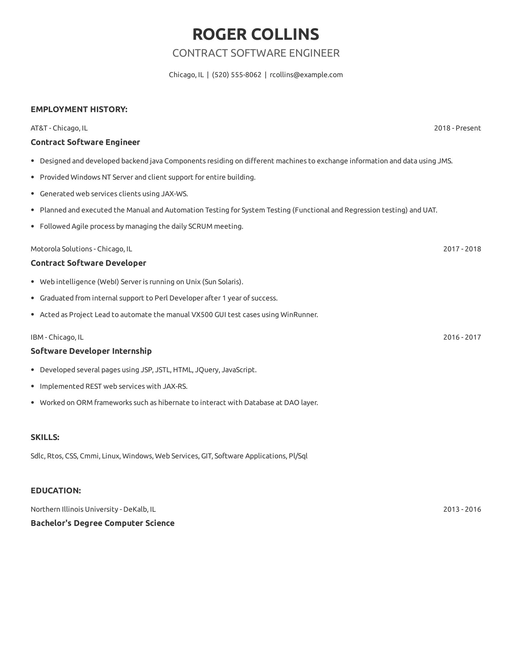 Contract Software Engineer resume example