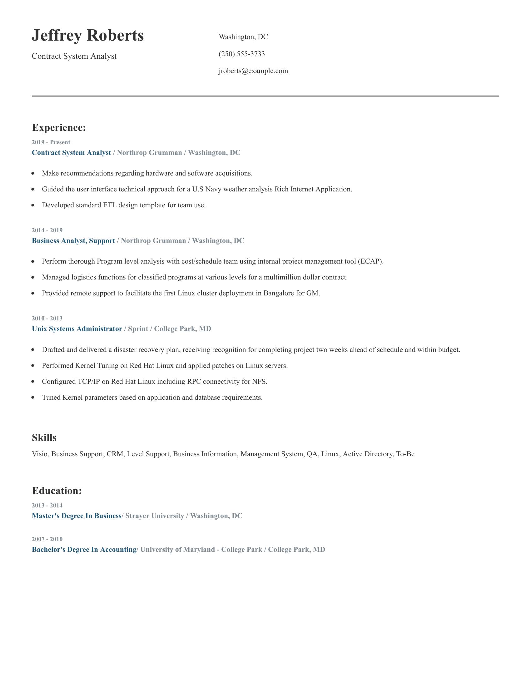 Contract System Analyst resume example