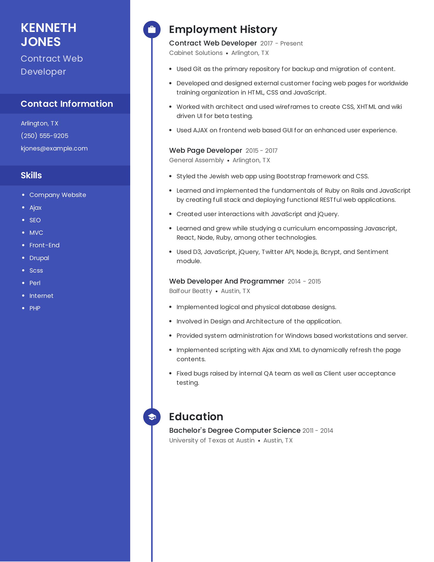 Contract Web Developer resume example