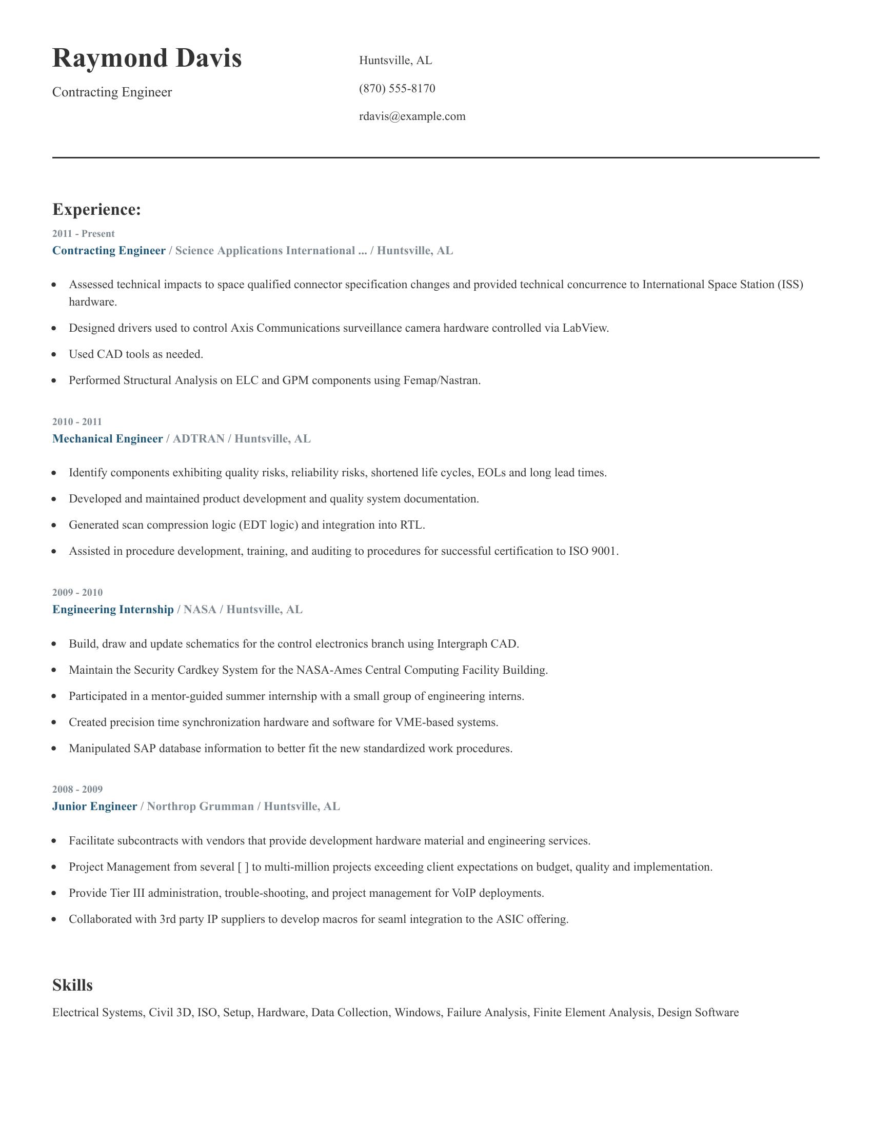 Contracting Engineer resume example