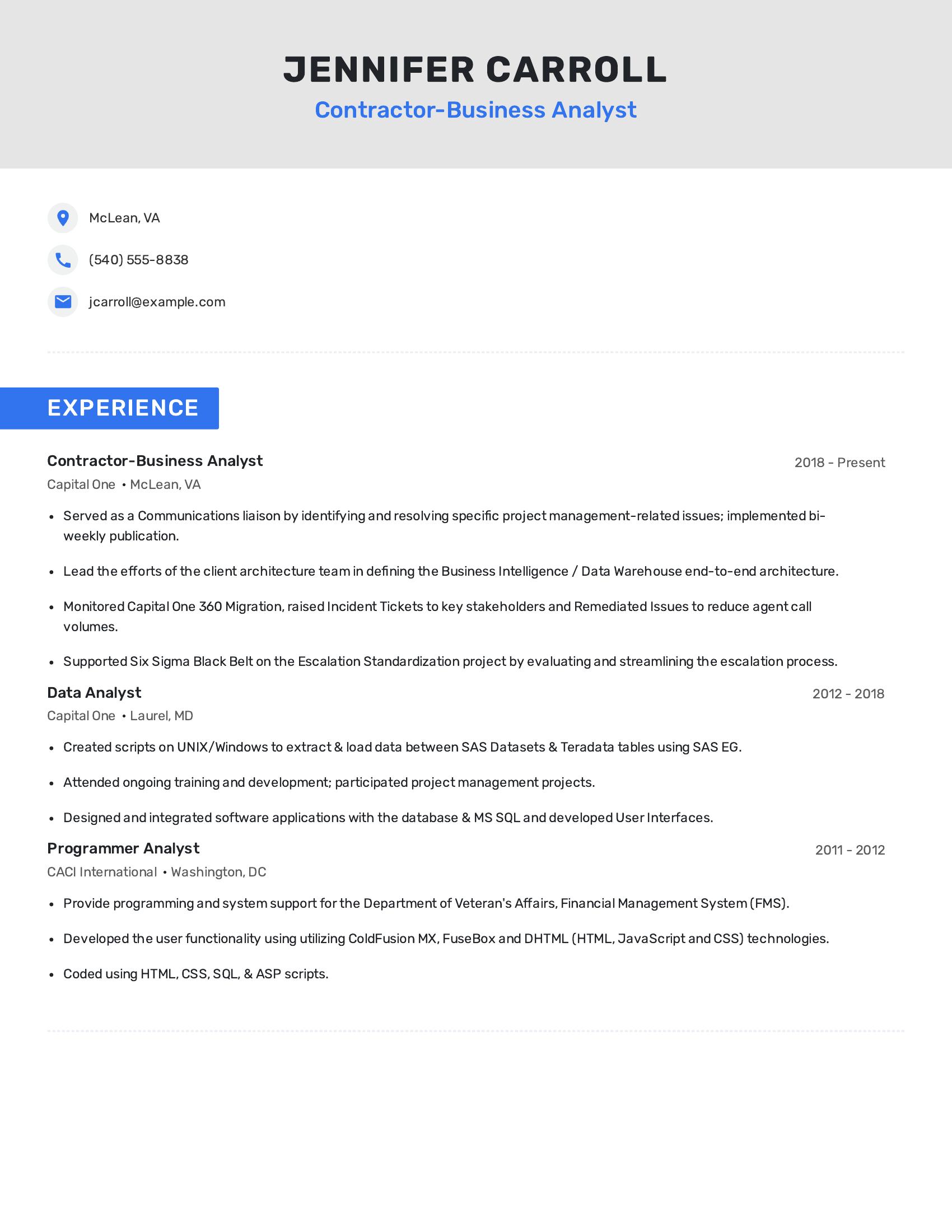 Contractor-Business Analyst resume example