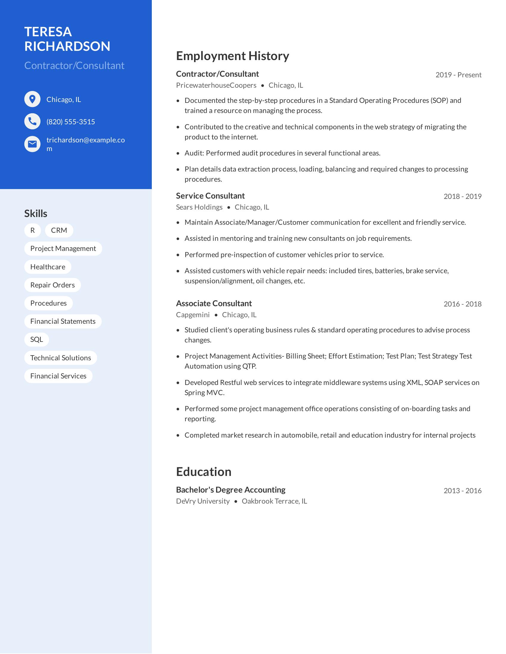 Contractor/Consultant resume example