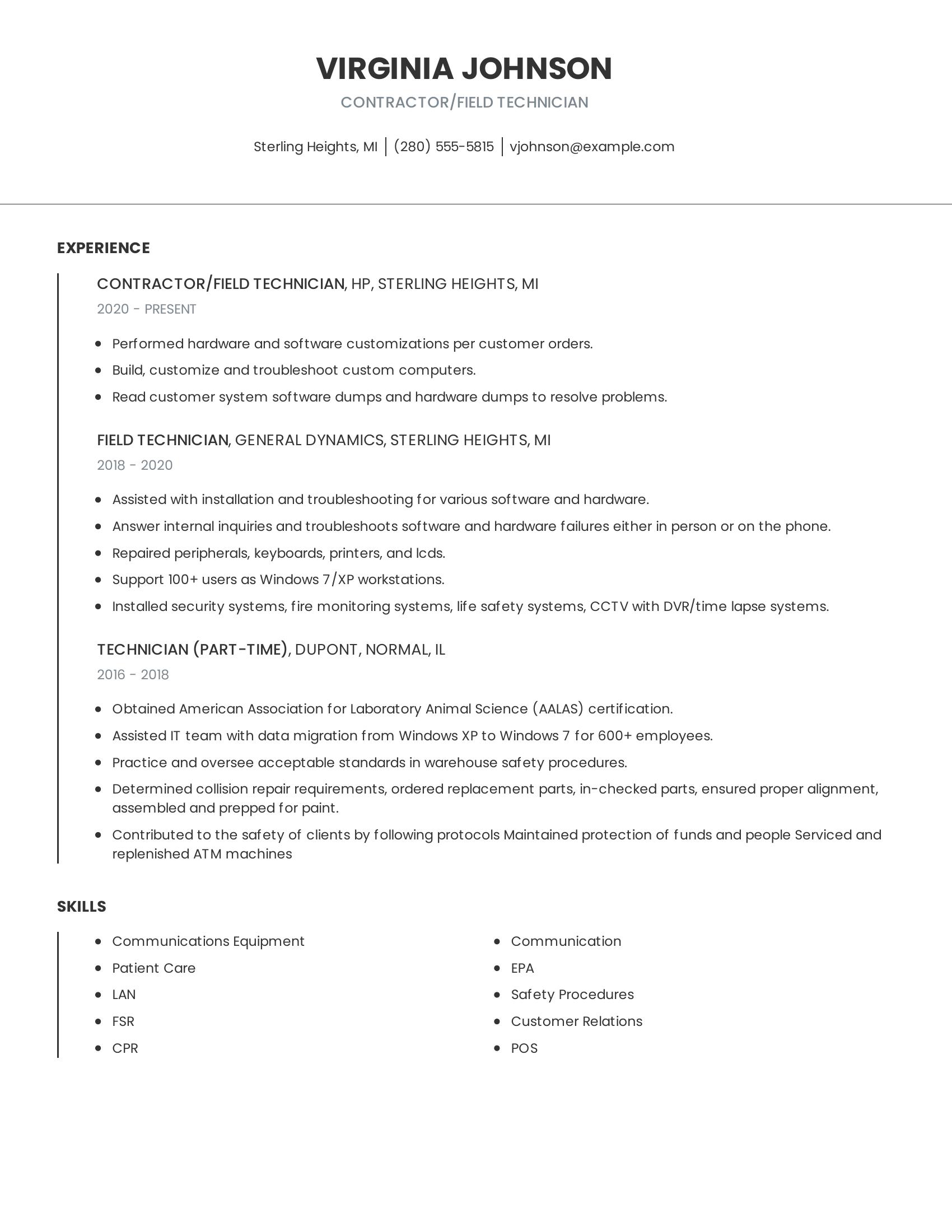 Contractor/Field Technician resume example