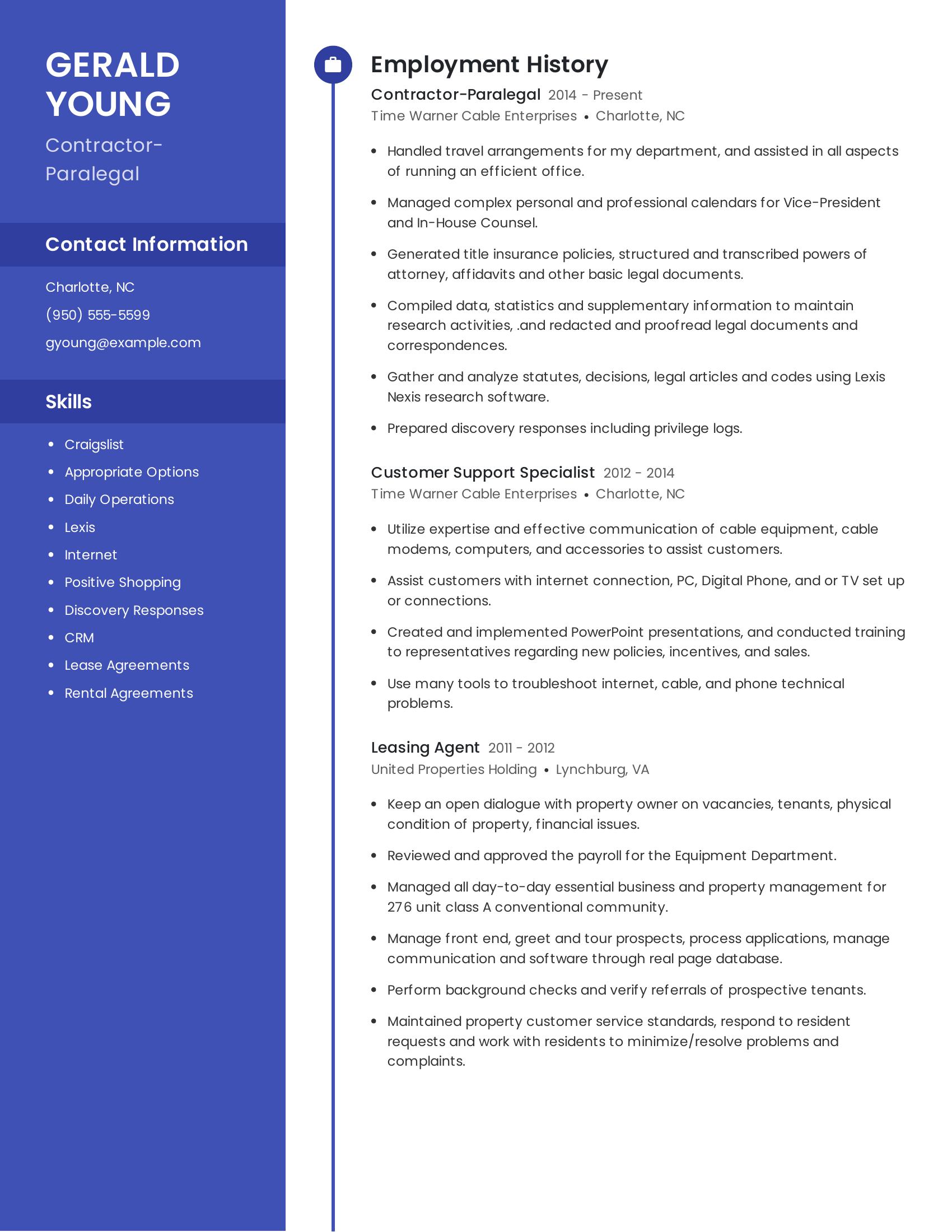 Contractor-Paralegal resume example