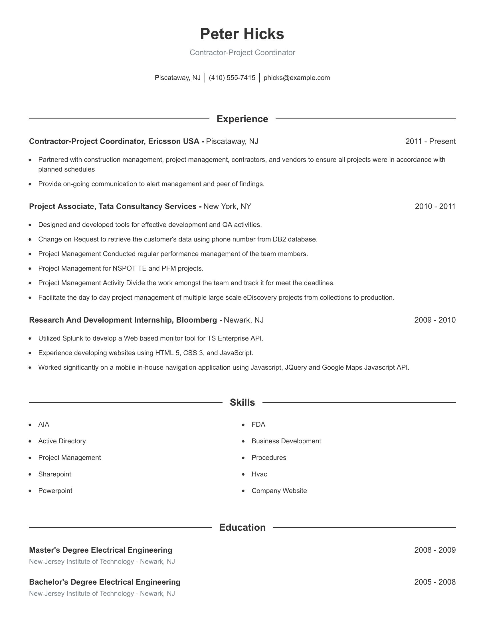 Contractor-Project Coordinator resume example