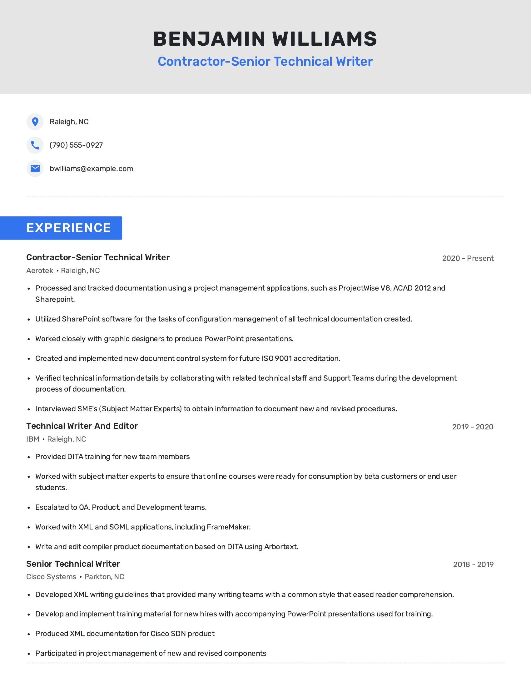 Contractor-Senior Technical Writer resume example