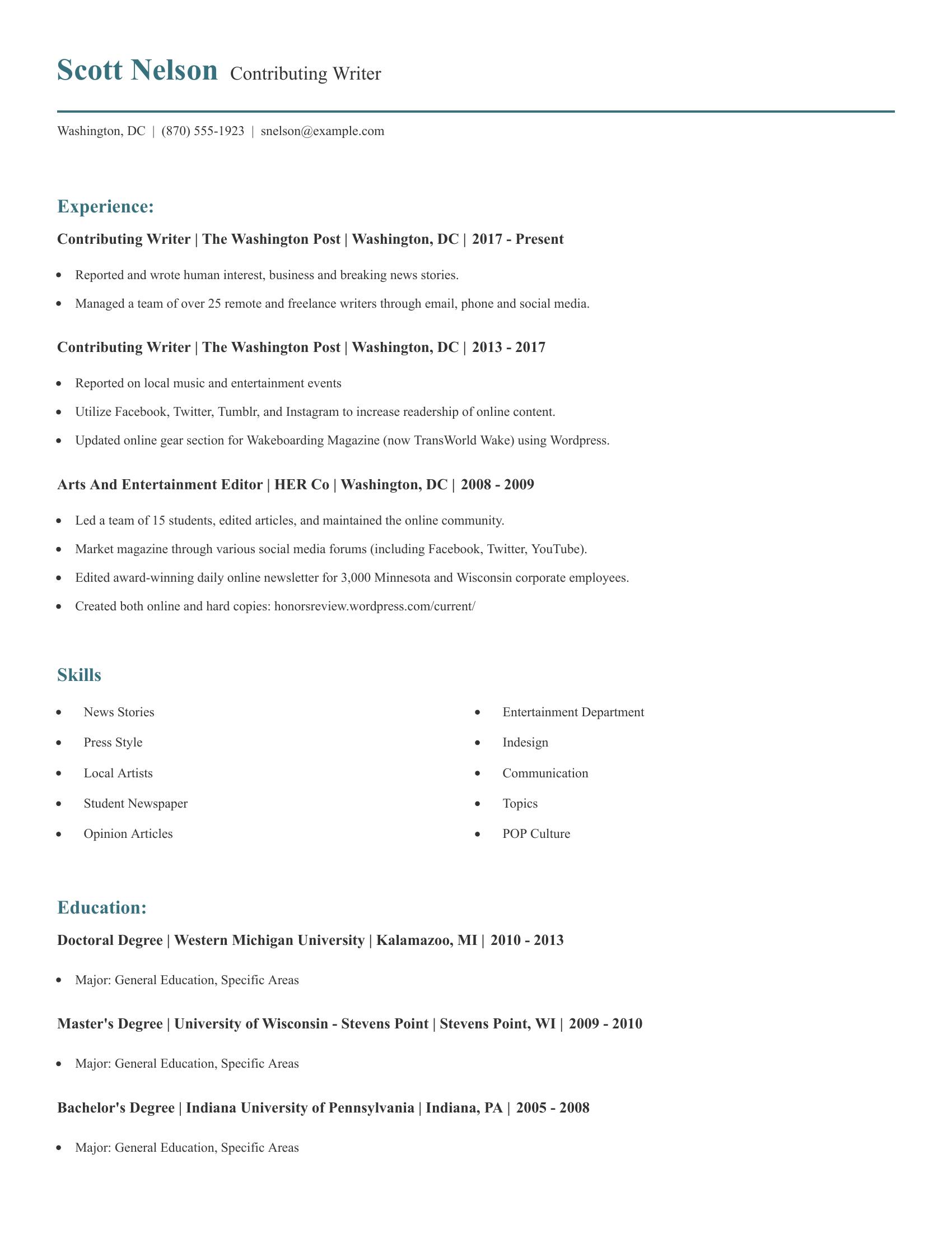 Contributing Writer resume example