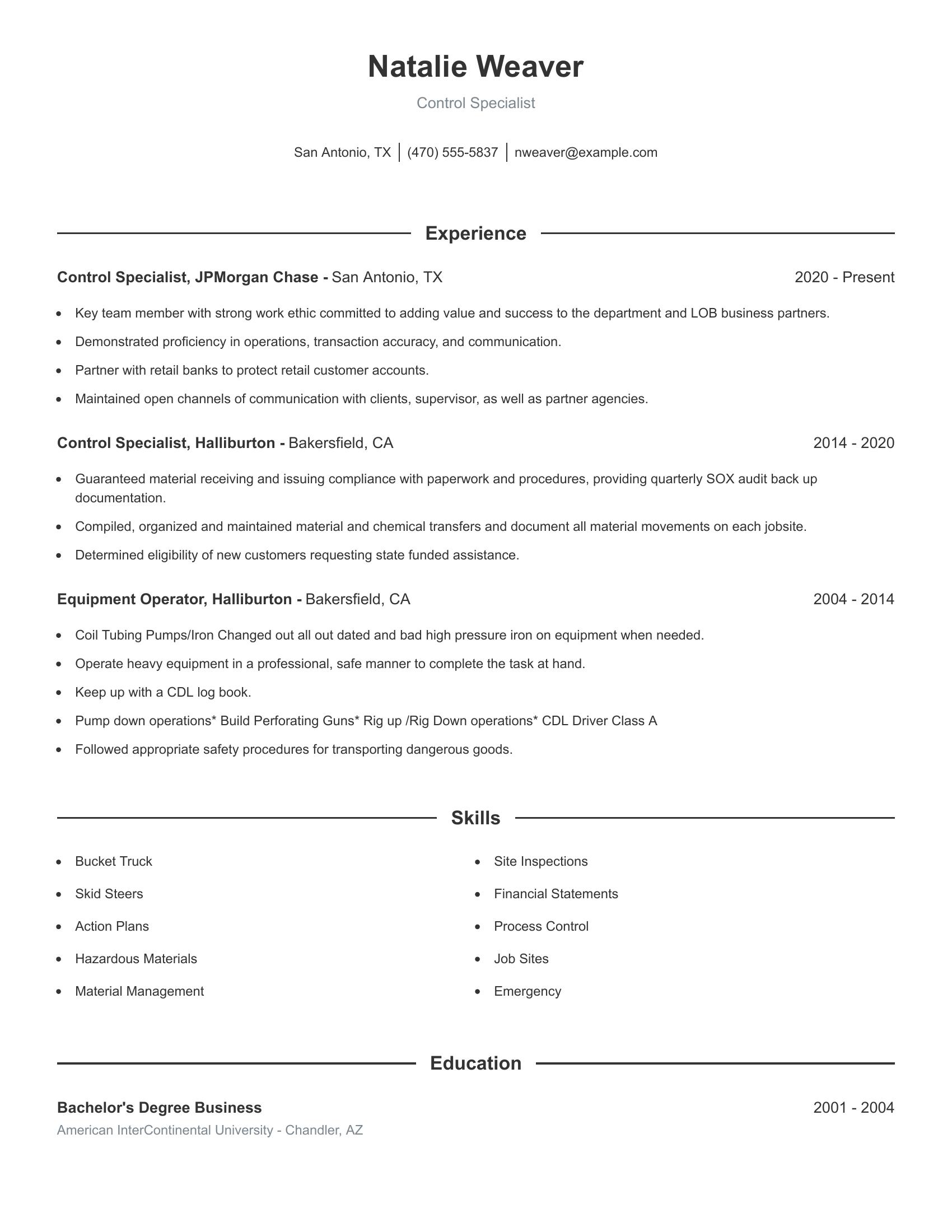 Control Specialist resume example