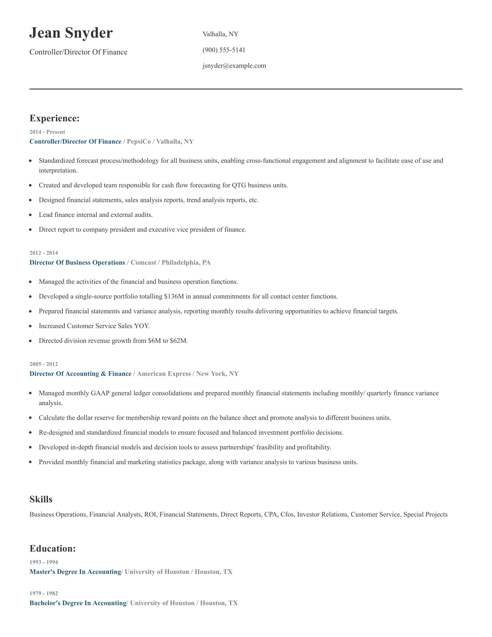 Controller/Director Of Finance resume example