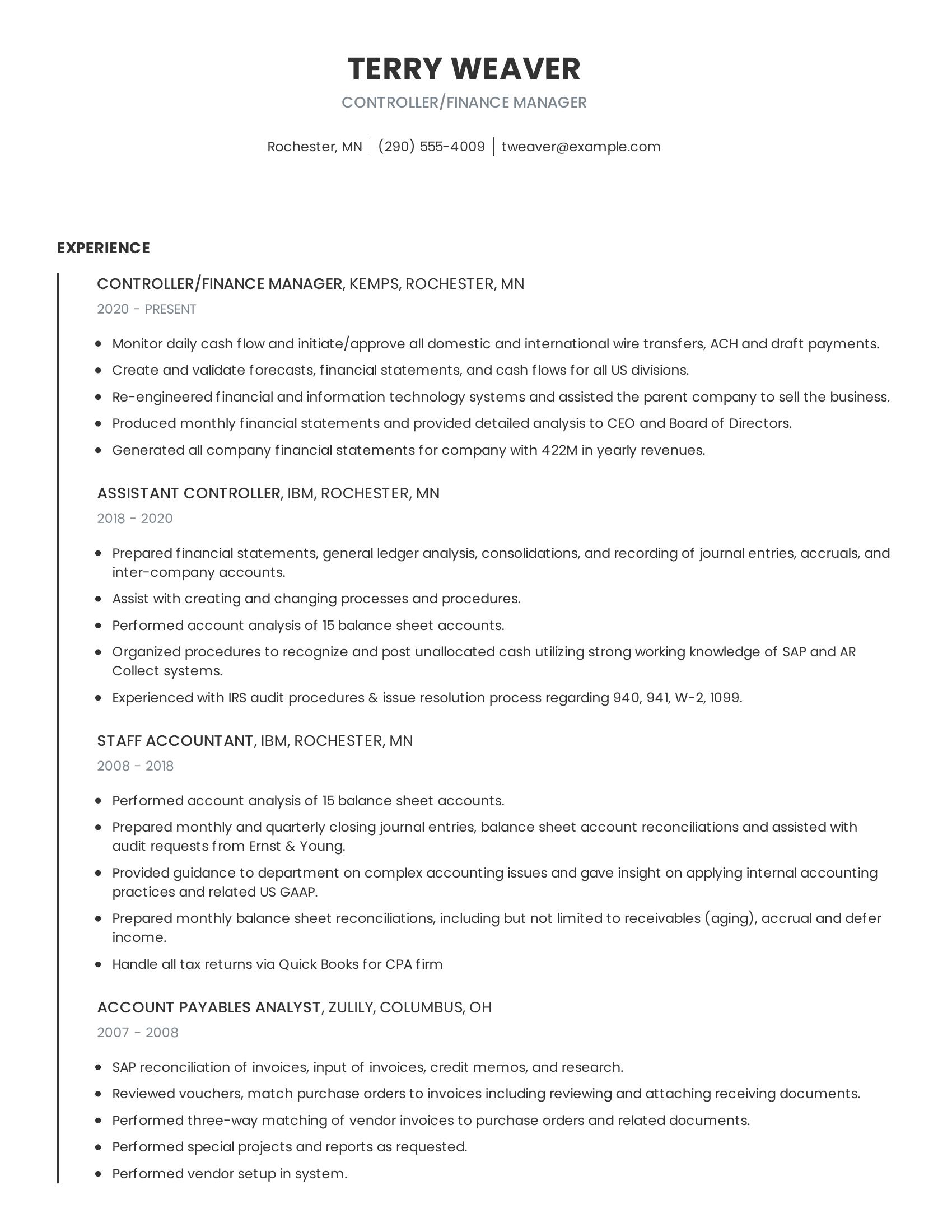 Controller/Finance Manager resume example