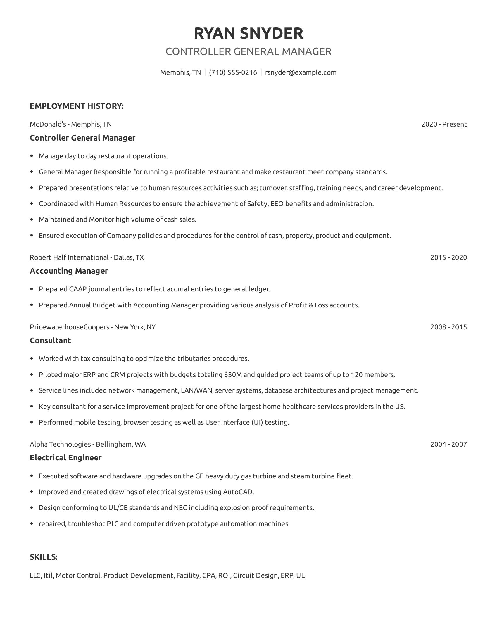 Controller General Manager resume example