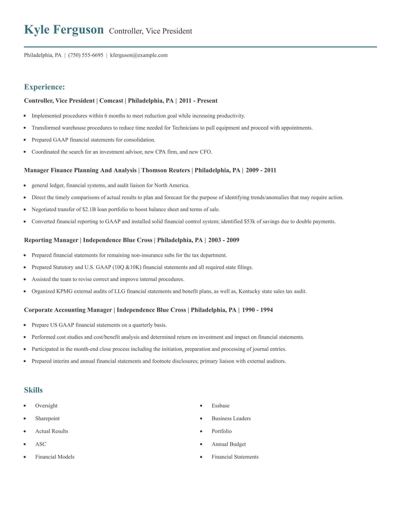 Controller, Vice President resume example