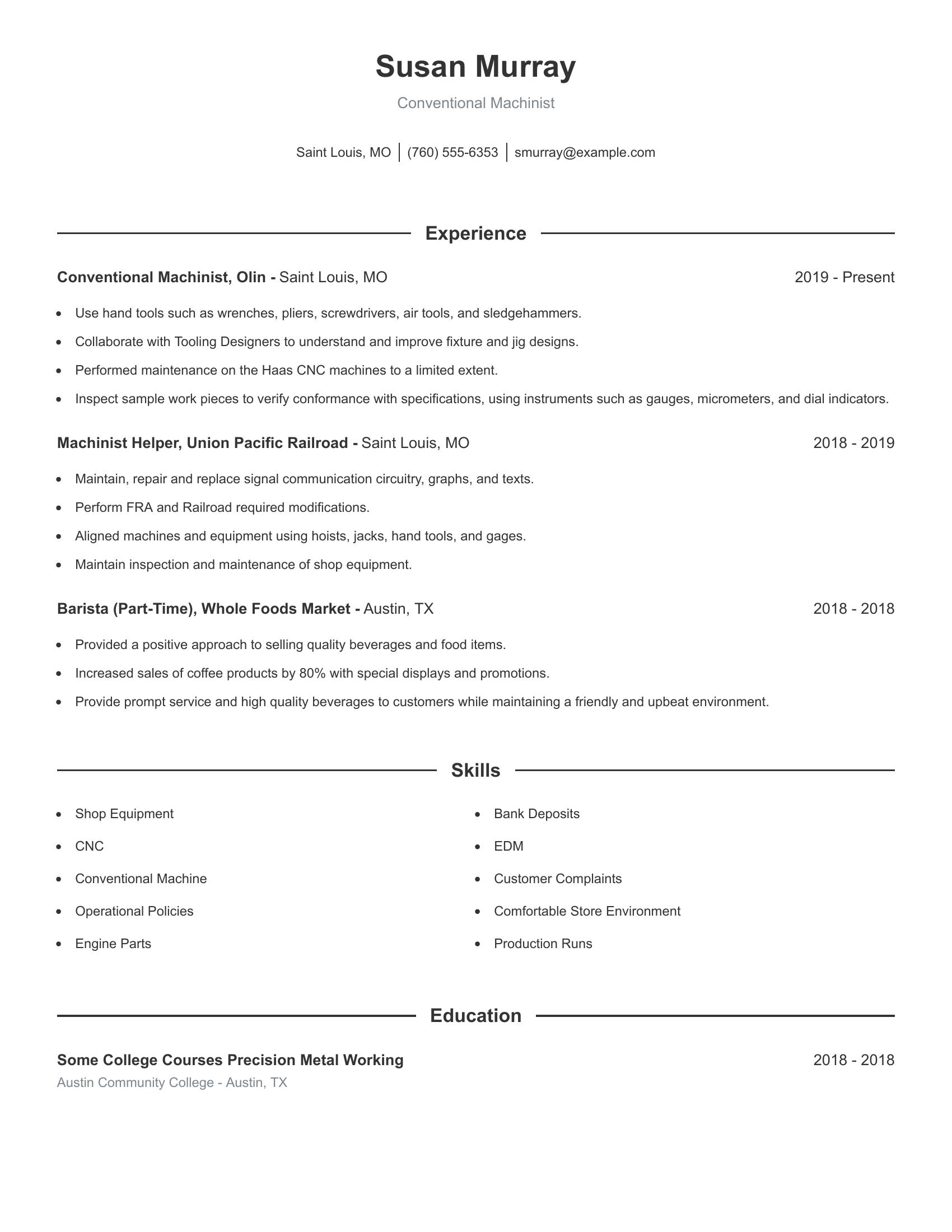 Conventional Machinist resume example