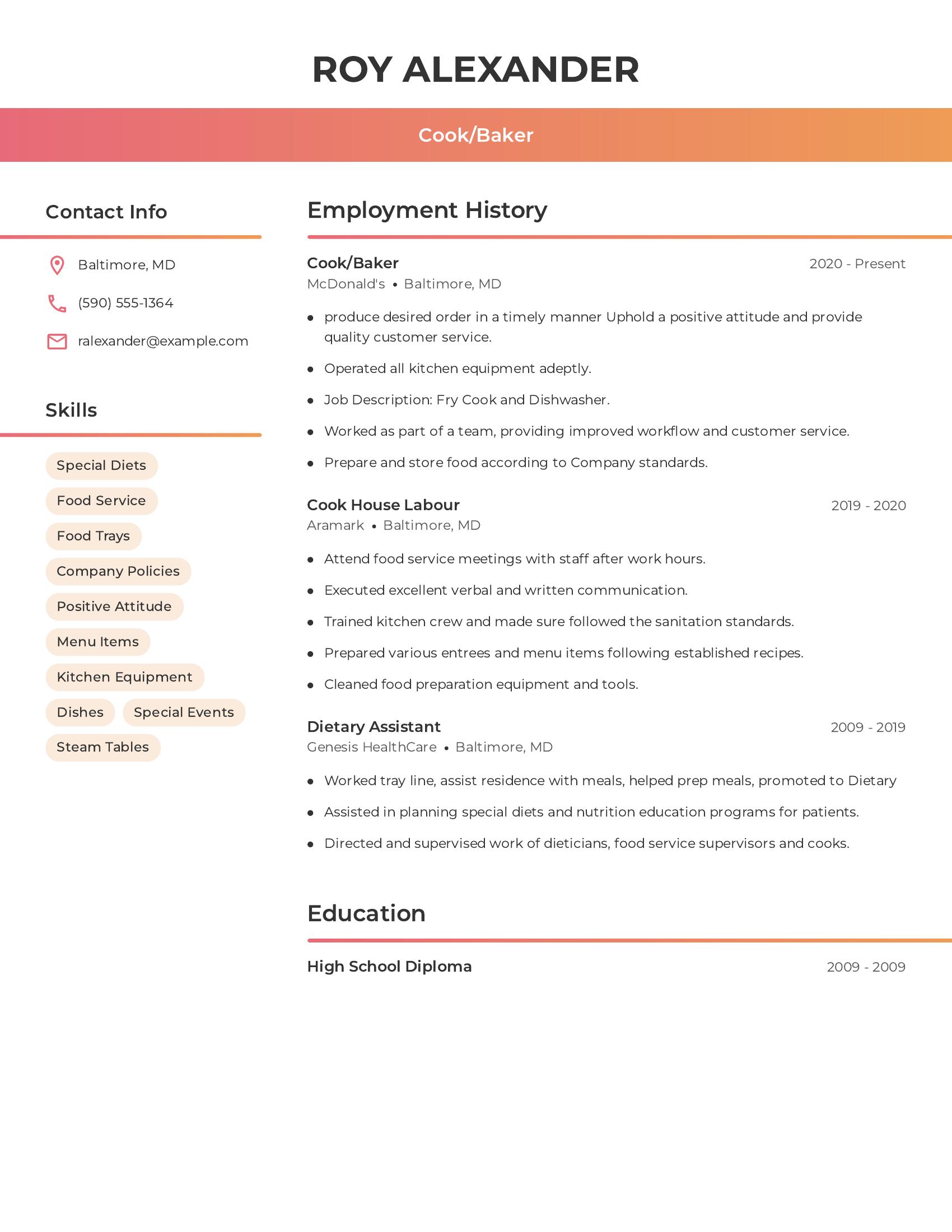 Cook/Baker resume example