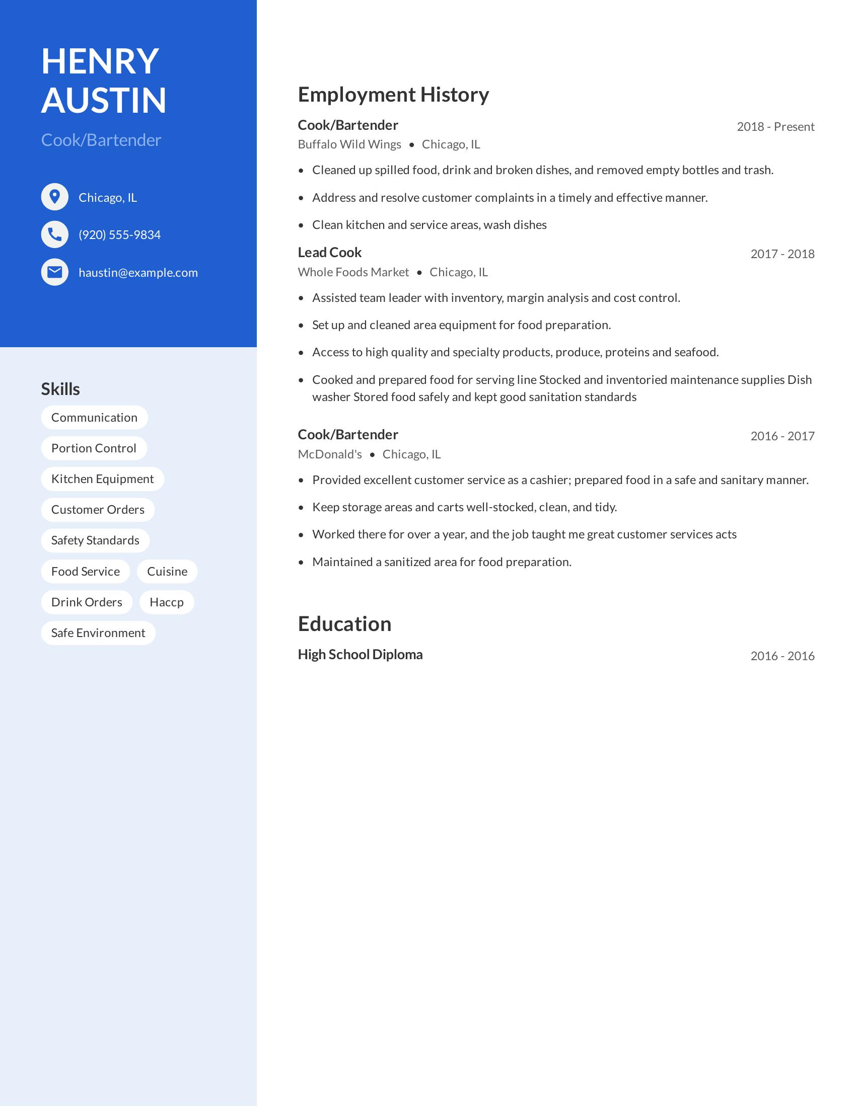 Cook/Bartender resume example