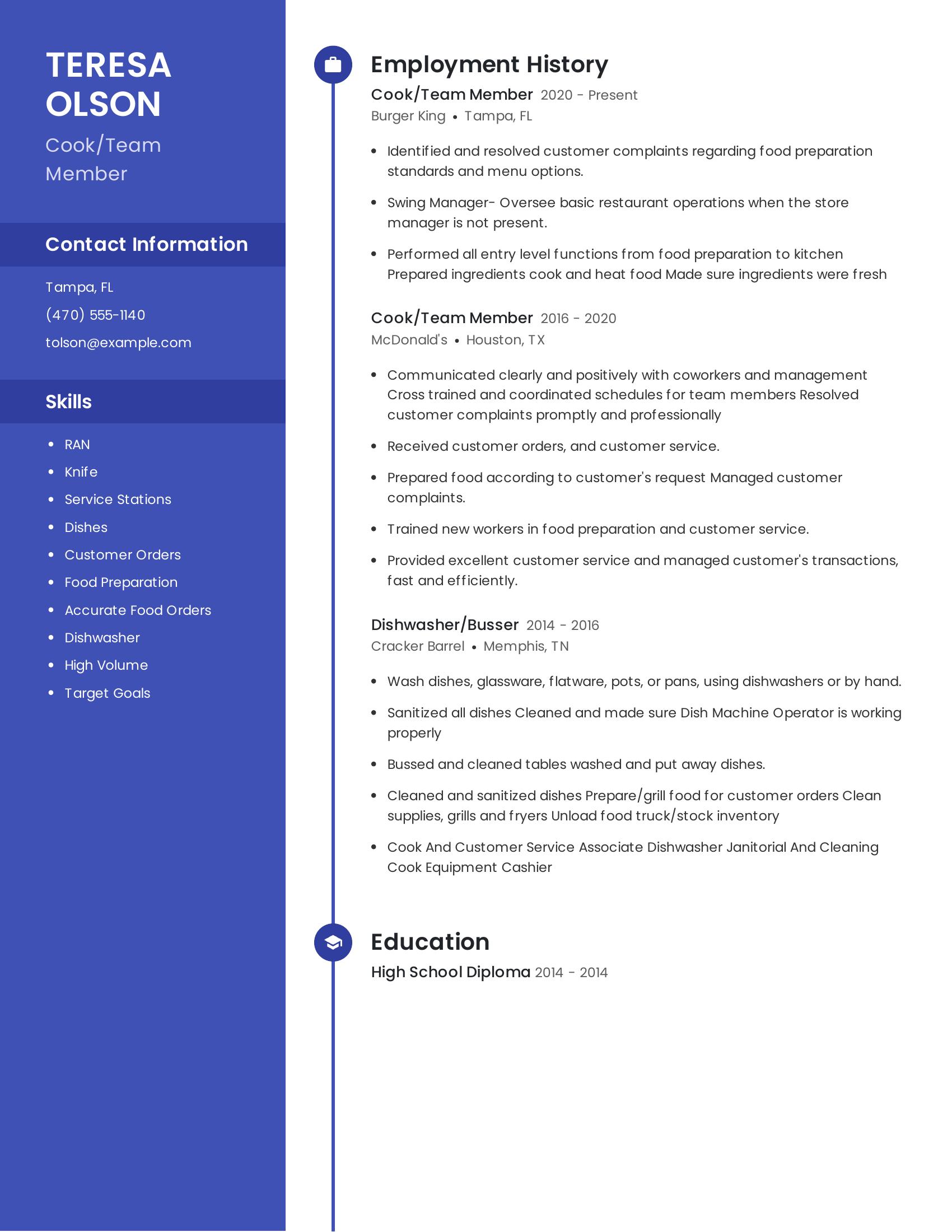 Cook/Team Member resume example