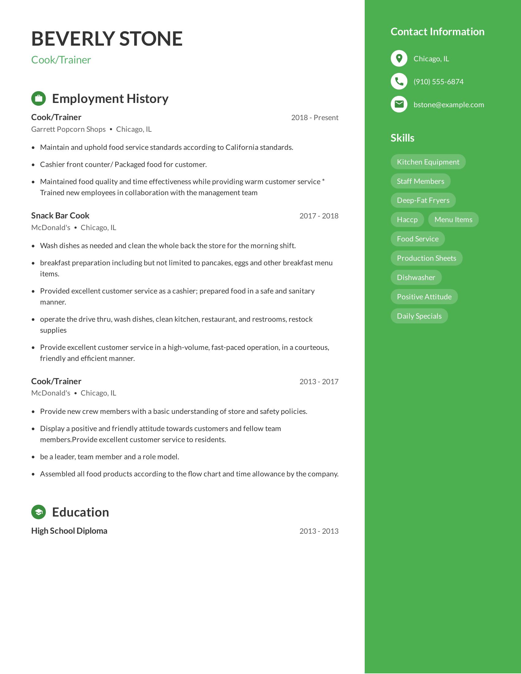 Cook/Trainer resume example