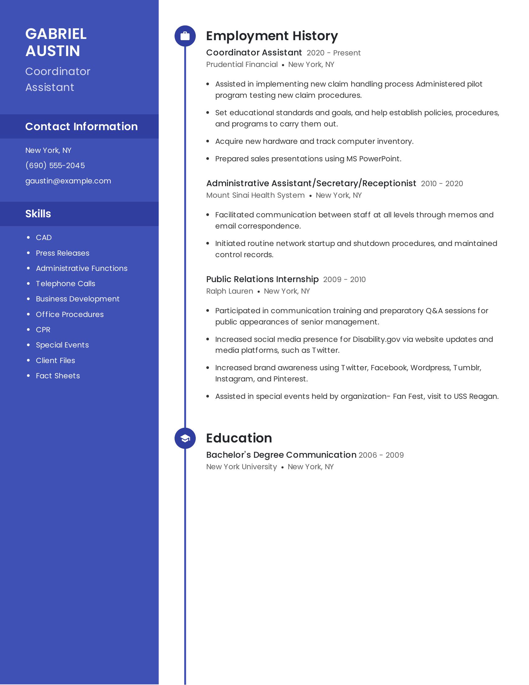 Coordinator Assistant resume example