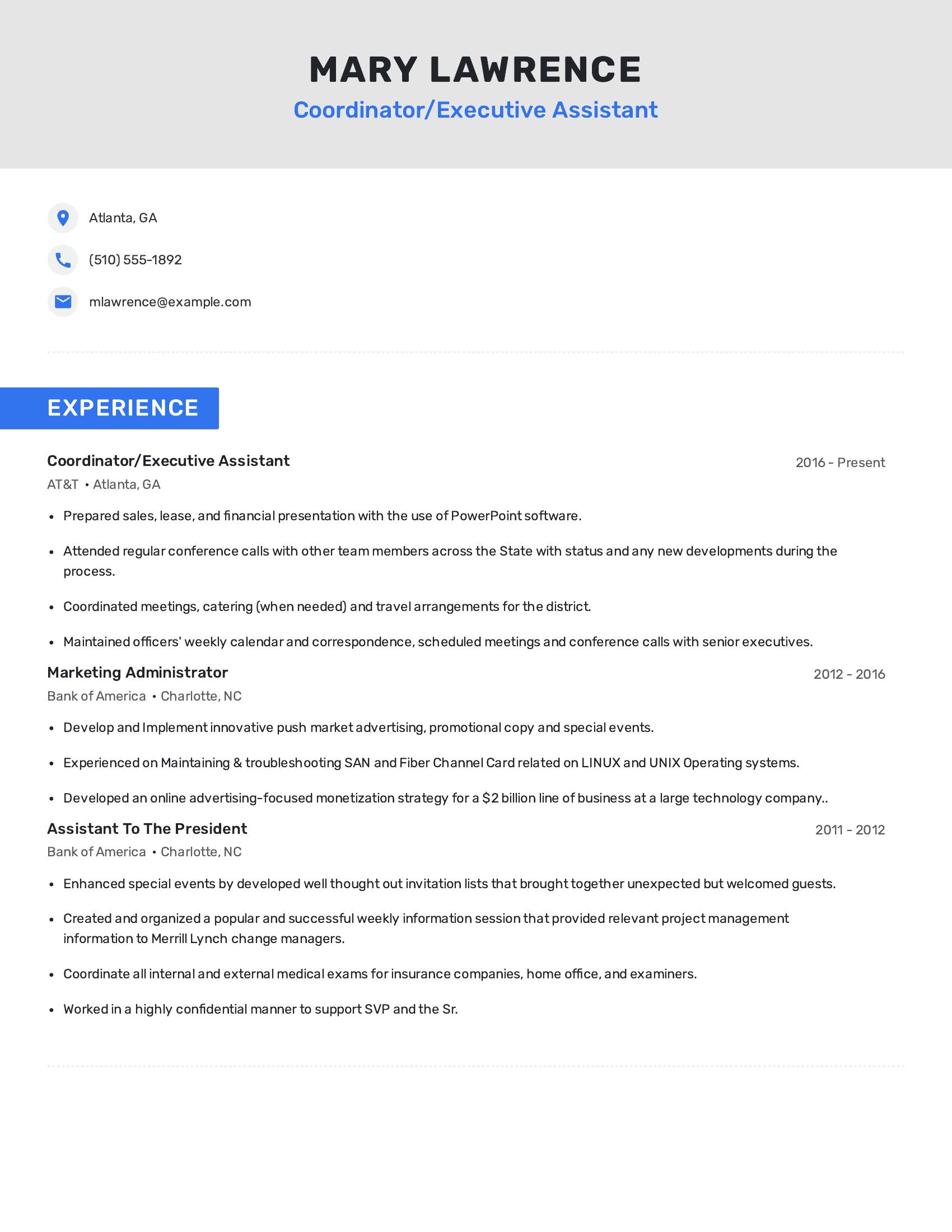 Coordinator/Executive Assistant resume example