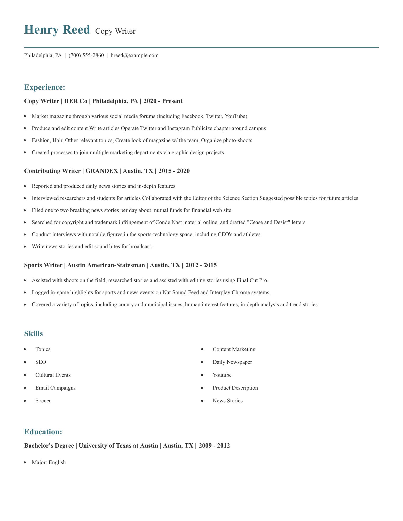 Copy Writer resume example