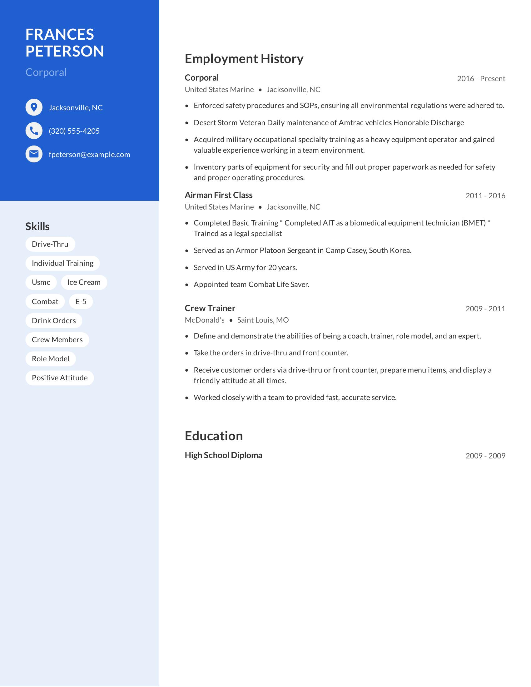 Corporal resume example