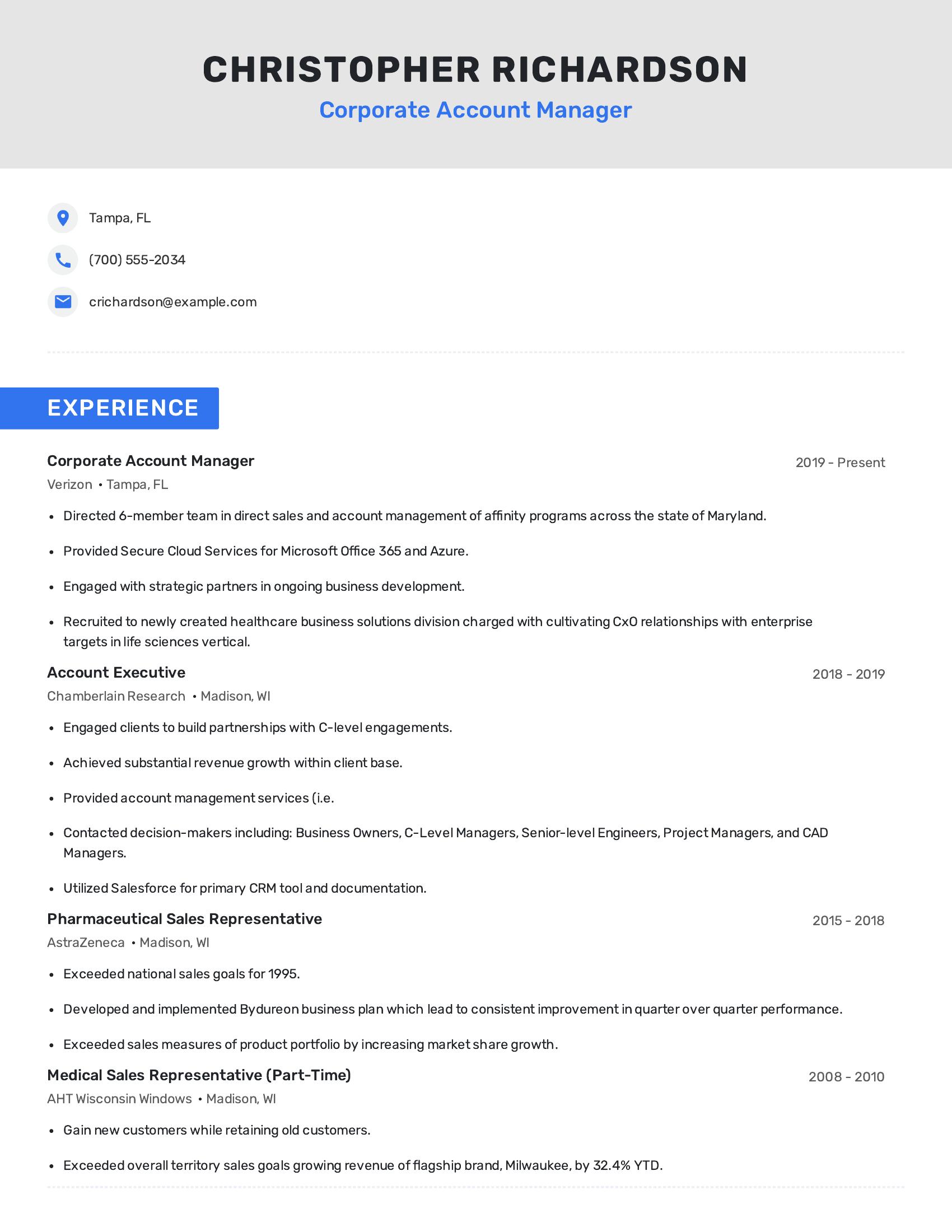 Corporate Account Manager resume example