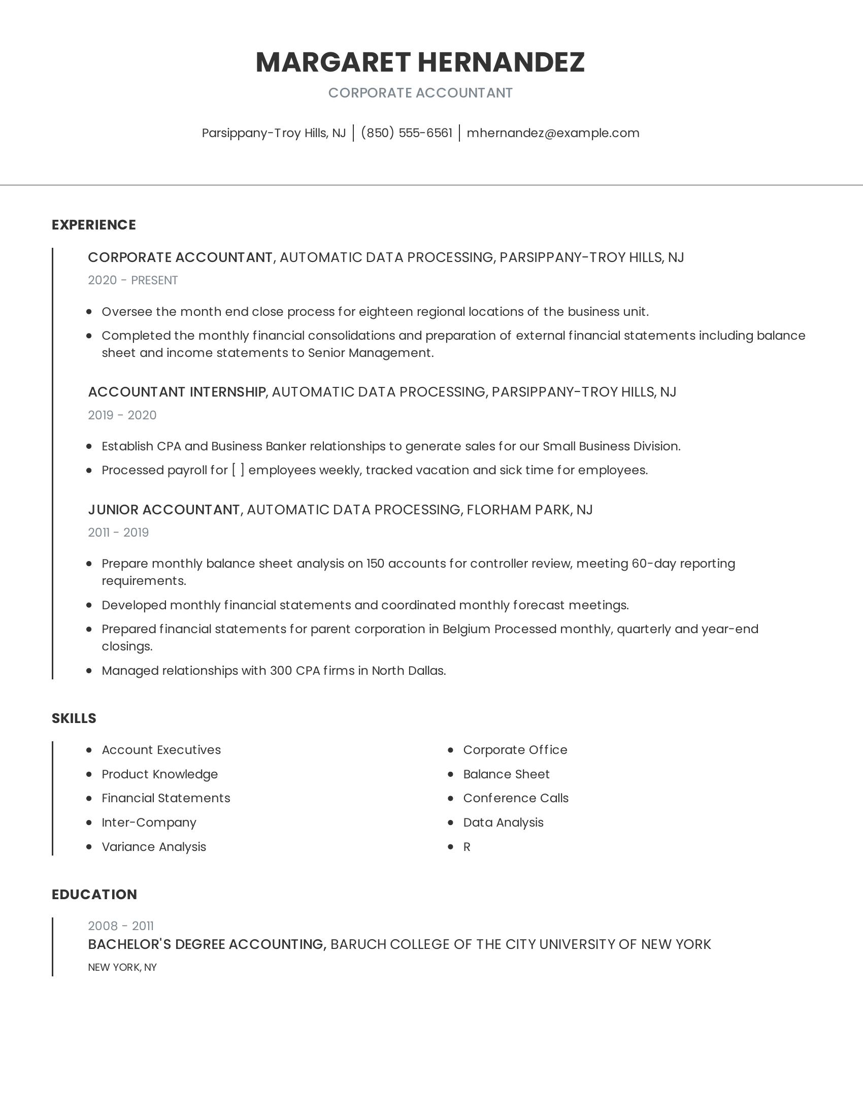 Corporate Accountant resume example