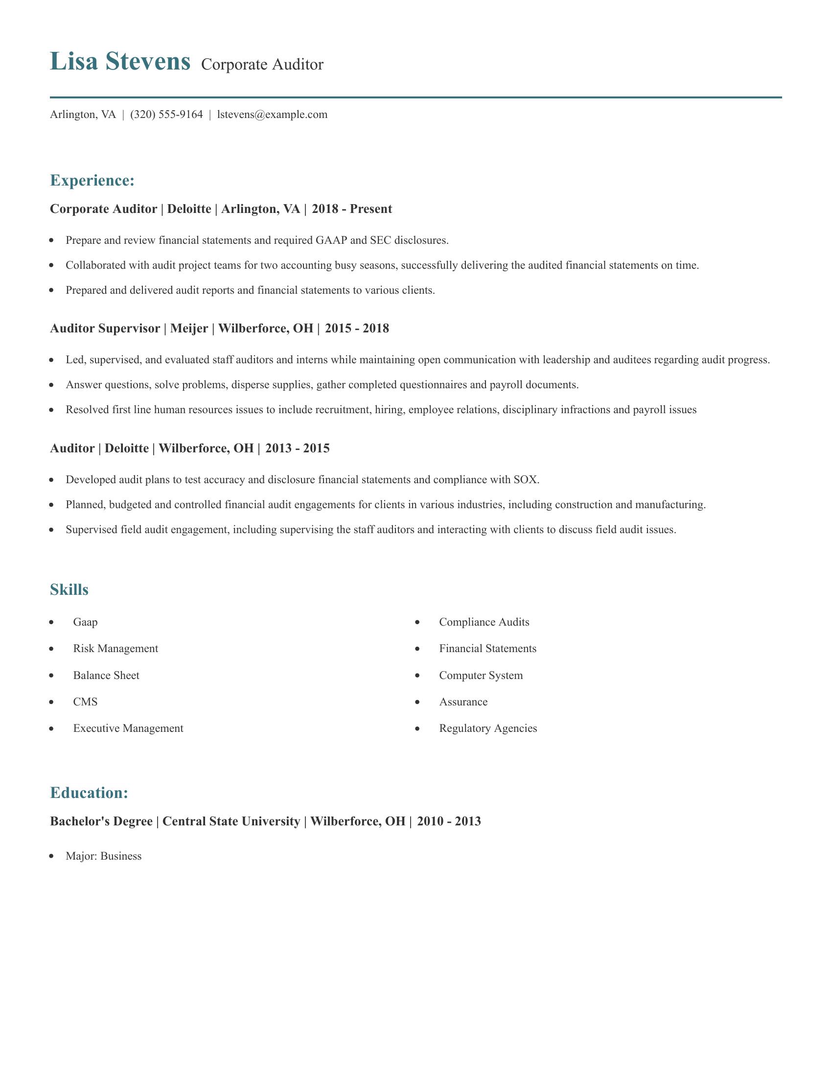 Corporate Auditor resume example