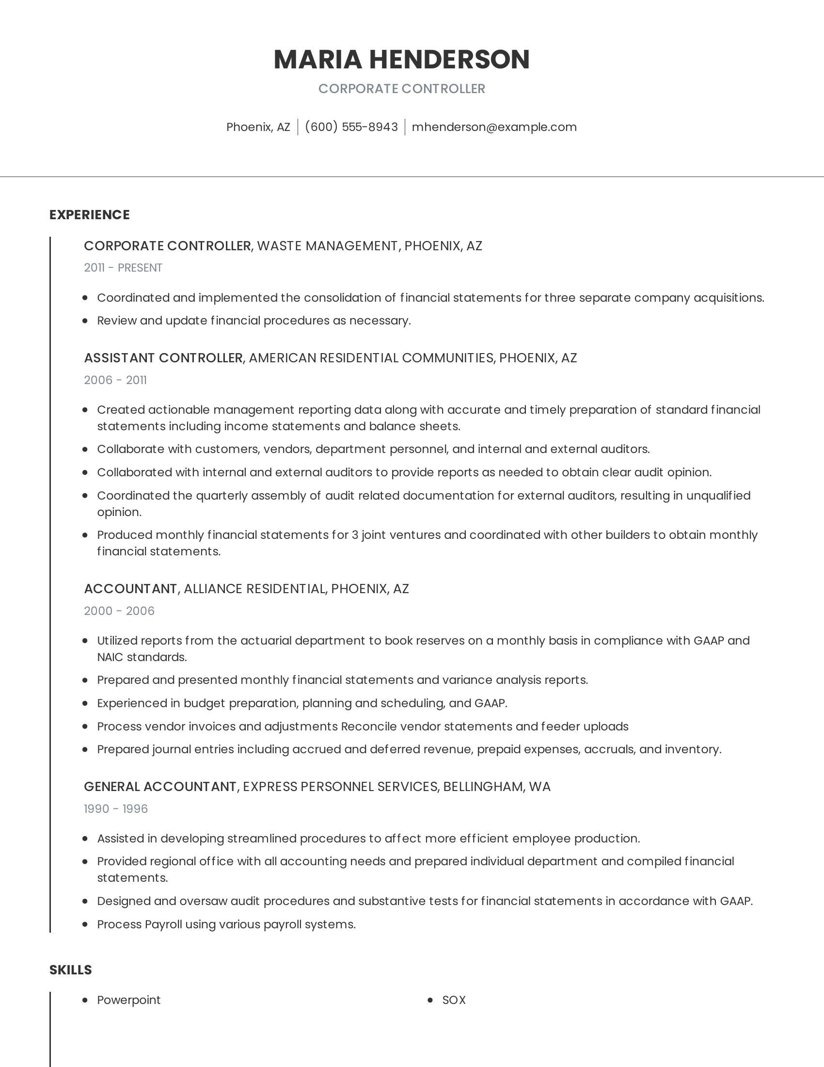 Corporate Controller resume example